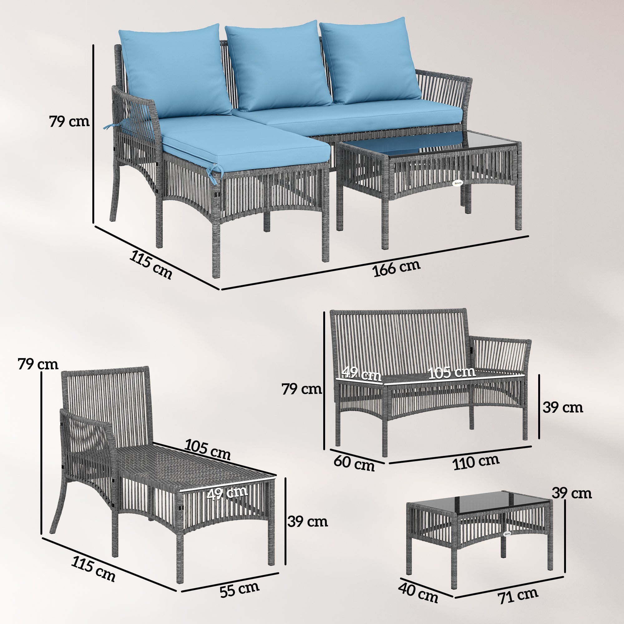 Outsunny Conjunto de Jardín de Ratán de 3 Piezas, Muebles Jardín Exterior Incluye 1 Sofá de 2 Plazas, 1 Sofá Esquinera, 1 Mesa de Centro con Tablero de Vidrio Templado, Cojines, Resistente, Azul Claro