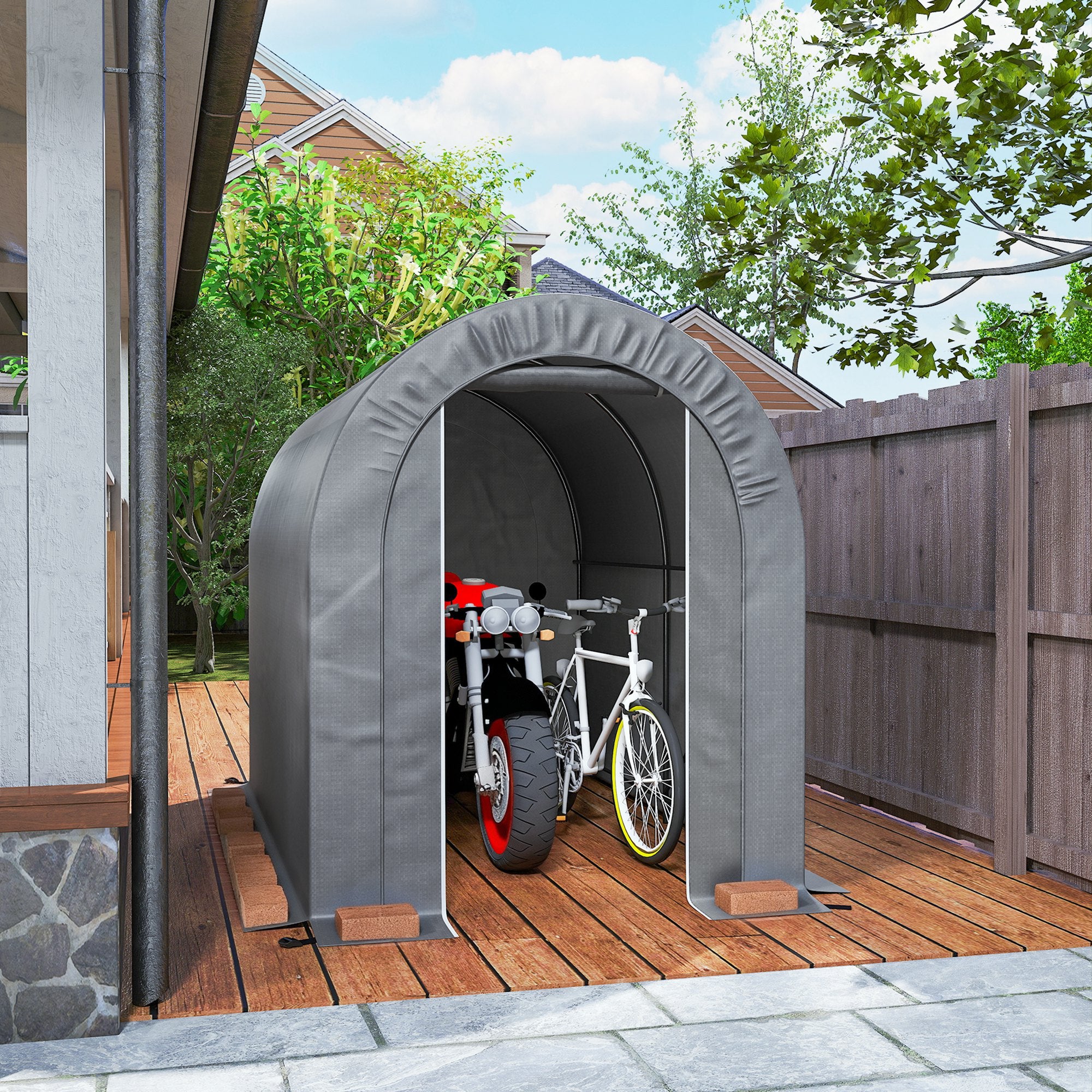 Outsunny Carpa de Jardín Exterior para Herramientas, Bicicletas, 2,4x1,6x1,9 m, Cobertizo Exterior con Marco de Acero, Puerta Enrollable con Cremallera, Impermeable, Garaje Portátil, Gris Claro