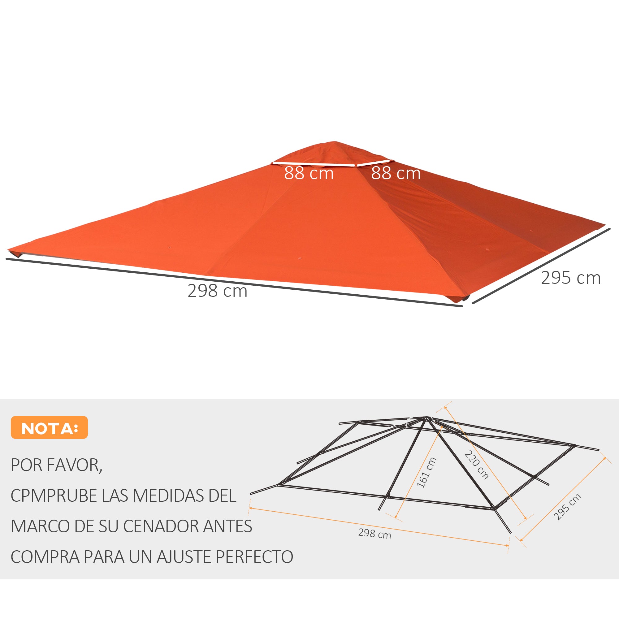 Outsunny Techo de Repuesto 300x300 cm para Cenador de Jardín Cubierta de Repuesto de Gazebo Pabellón Exterior con 8 Orificios de Drenaje y Ventilación Naranja
