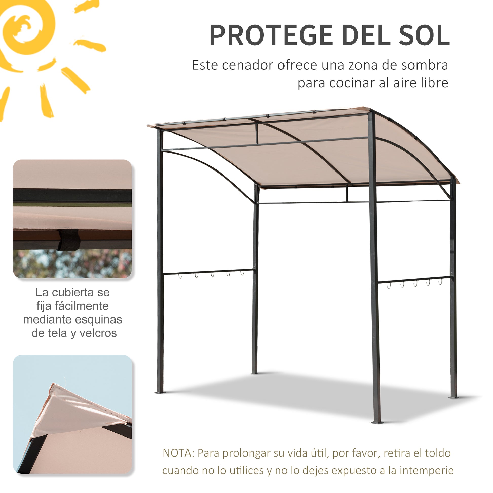 Outsunny Pérgola de Jardín Gazebo para Barbacoa con 10 Ganchos Colgador Techo Curvo Protección BBQ Fiestas al Aire Libre 215x150x220 cm Ocre