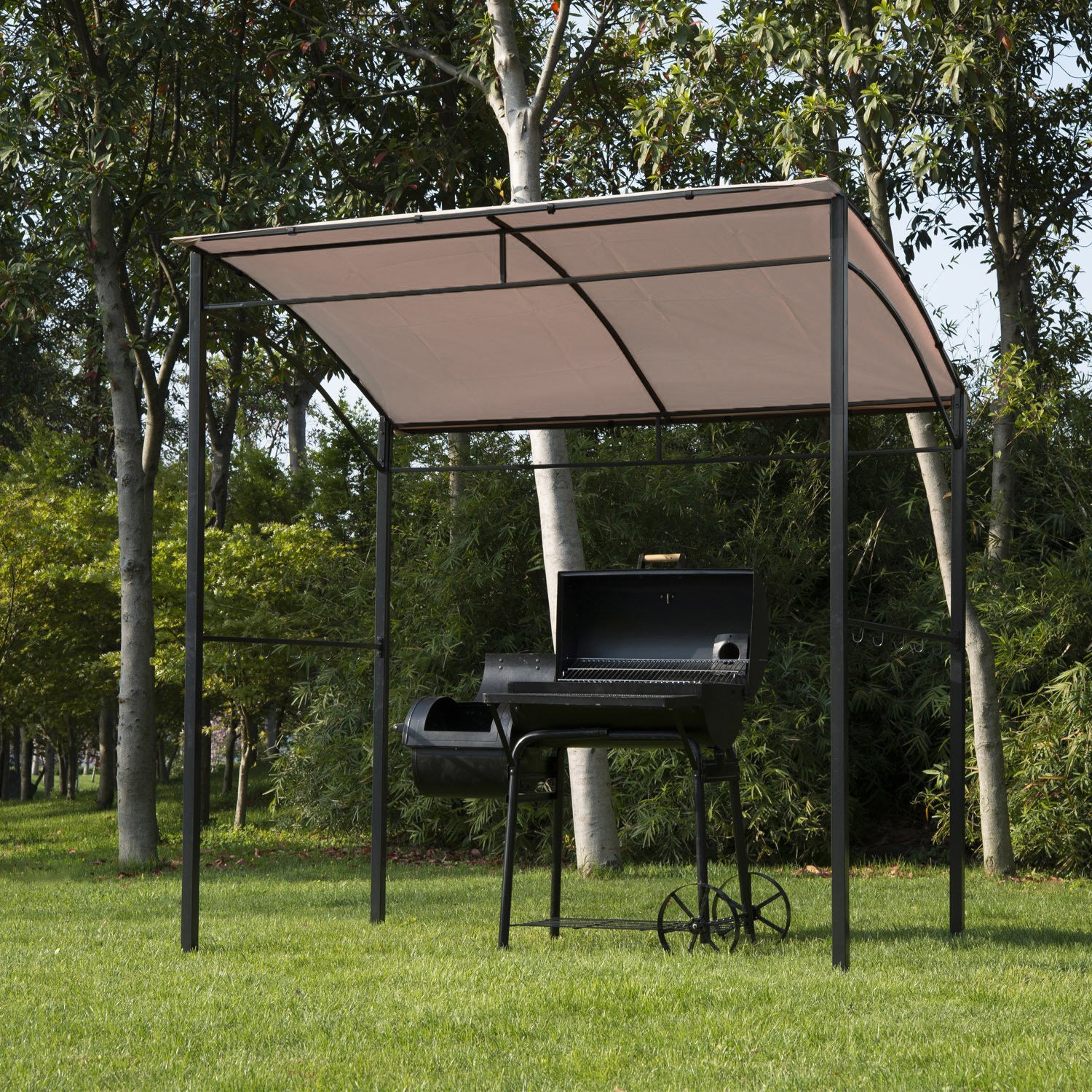 Outsunny Pérgola de Jardín Gazebo para Barbacoa con 10 Ganchos Colgador Techo Curvo Protección BBQ Fiestas al Aire Libre 215x150x220 cm Ocre