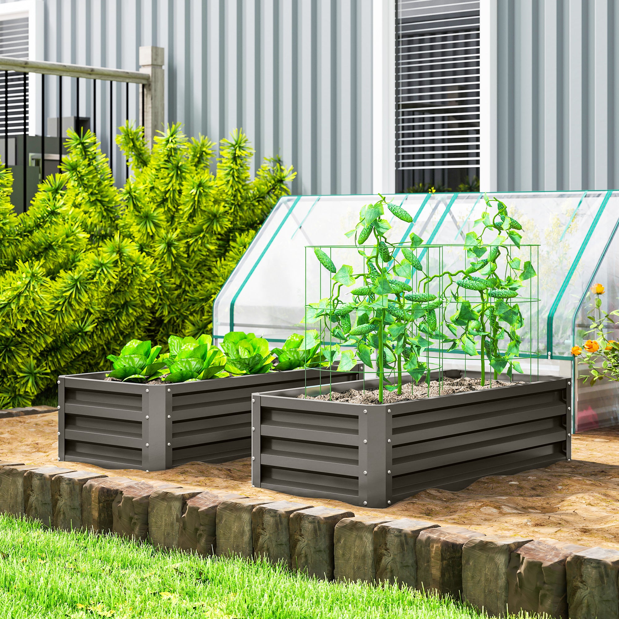 Outsunny Juego de 2 Jardineras Exterior Grandes de Acero Galvanizado, Huertos Urbanos, Maceteros Exterior Elevados para Plantas, Flores, Terraza, Jardín, Resistente a la Intemperie, 110x50x30 cm, Gris