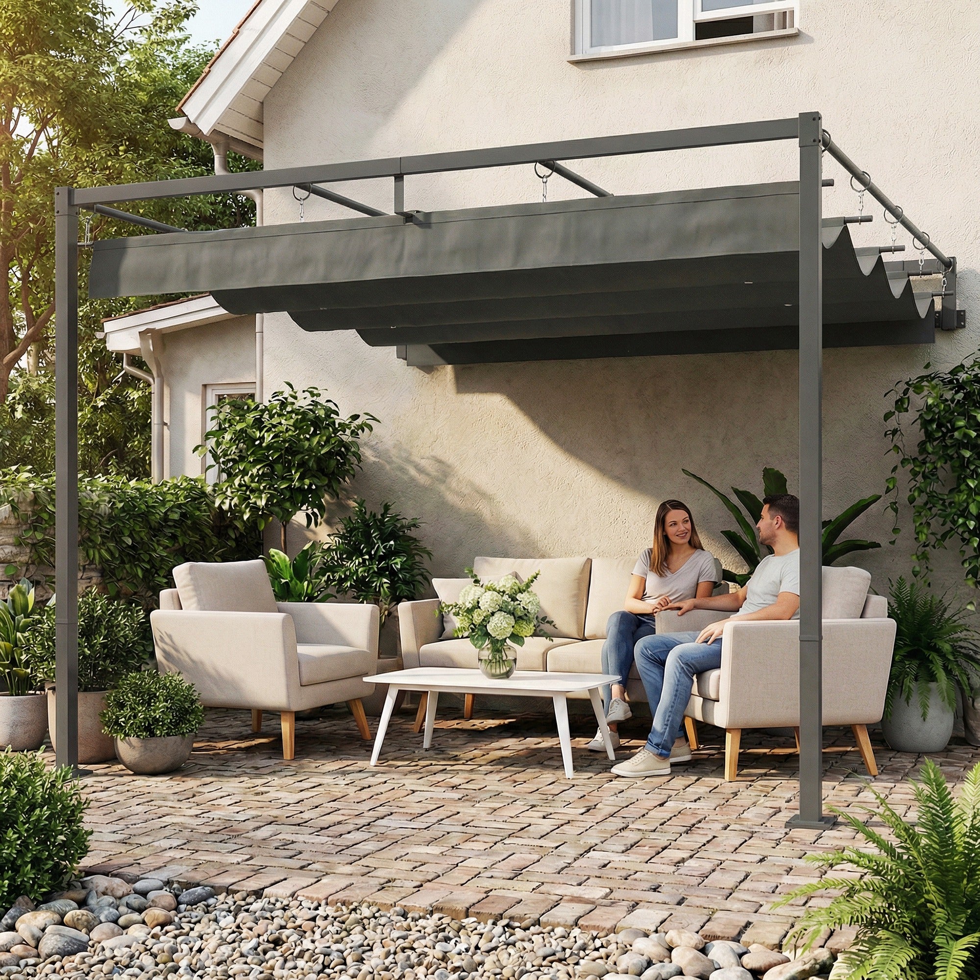 Outsunny Pérgola de Pared de Jardín 3x3 m, Cenador de Jardín con Techo Retráctil, Protección UPF30+, Orificios de Drenaje y Estructura de Acero, Pabellón para Patio, Terraza, Exterior, Gris Oscuro