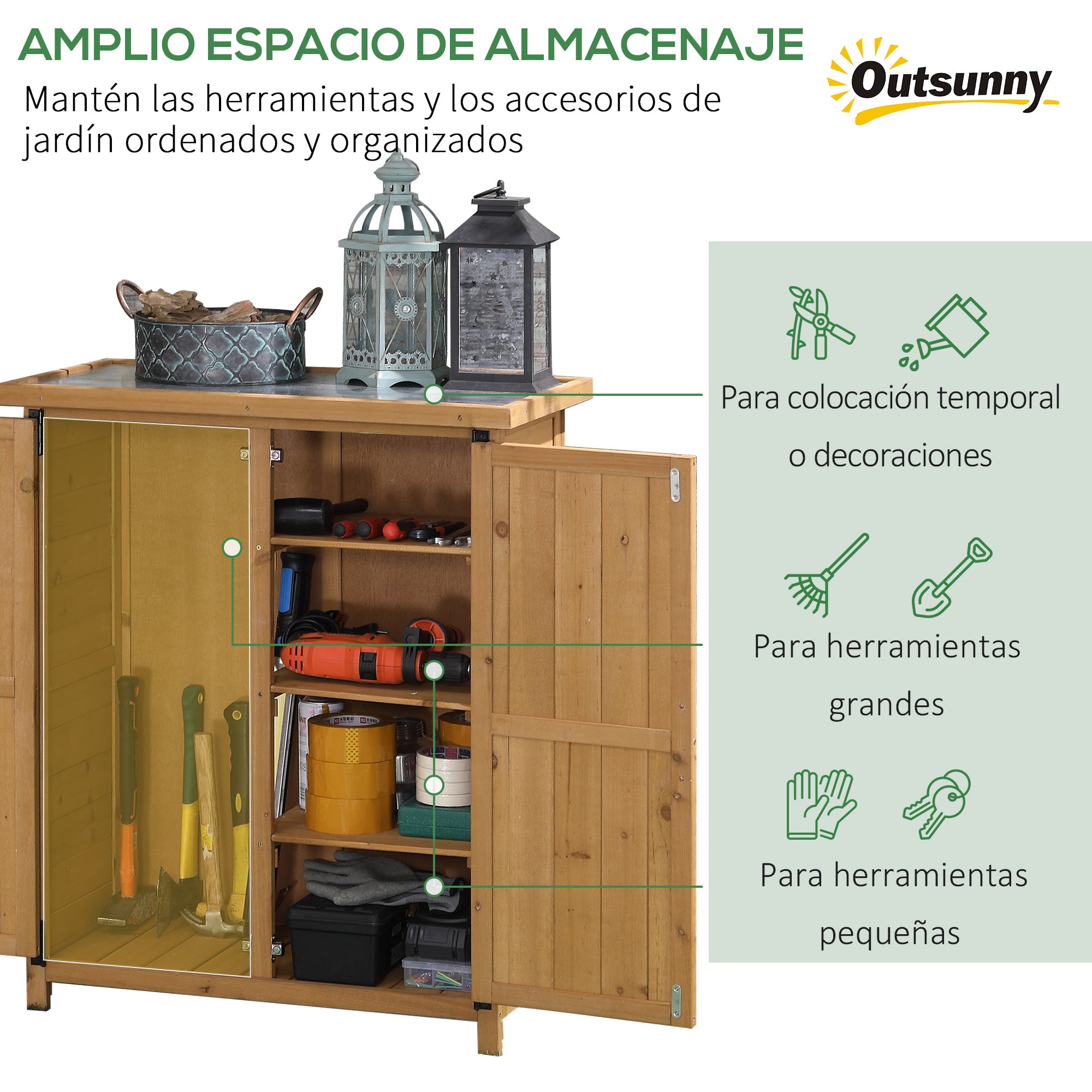 Outsunny Armario de Exterior de Madera 0,24 m² 75x40x90 cm Caseta de Jardín con 2 Puertas 4 Estantes y Techo de Galvanizado para Almacenamiento de Herramientas Natural
