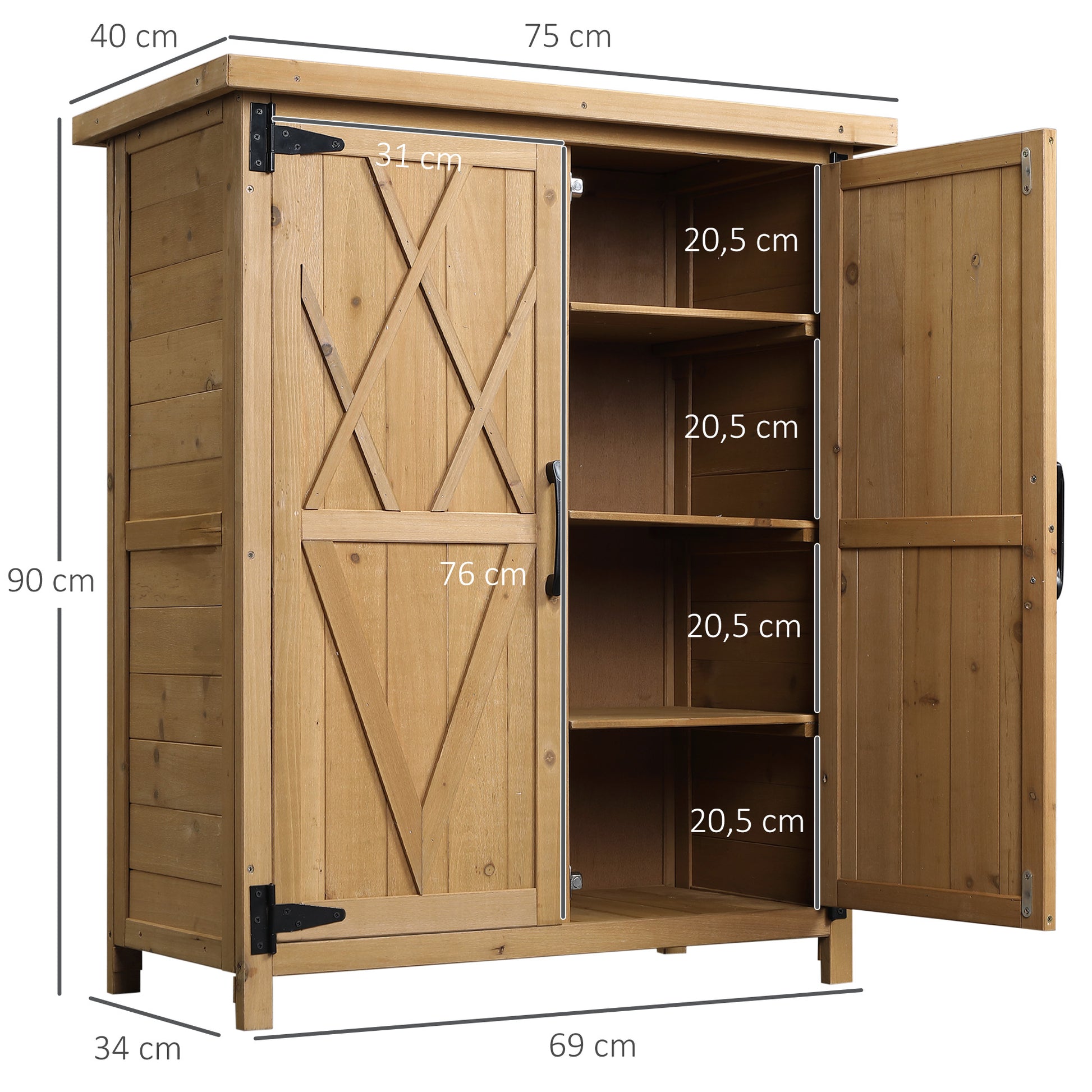 Outsunny Armario de Exterior de Madera 0,24 m² 75x40x90 cm Caseta de Jardín con 2 Puertas 4 Estantes y Techo de Galvanizado para Almacenamiento de Herramientas Natural
