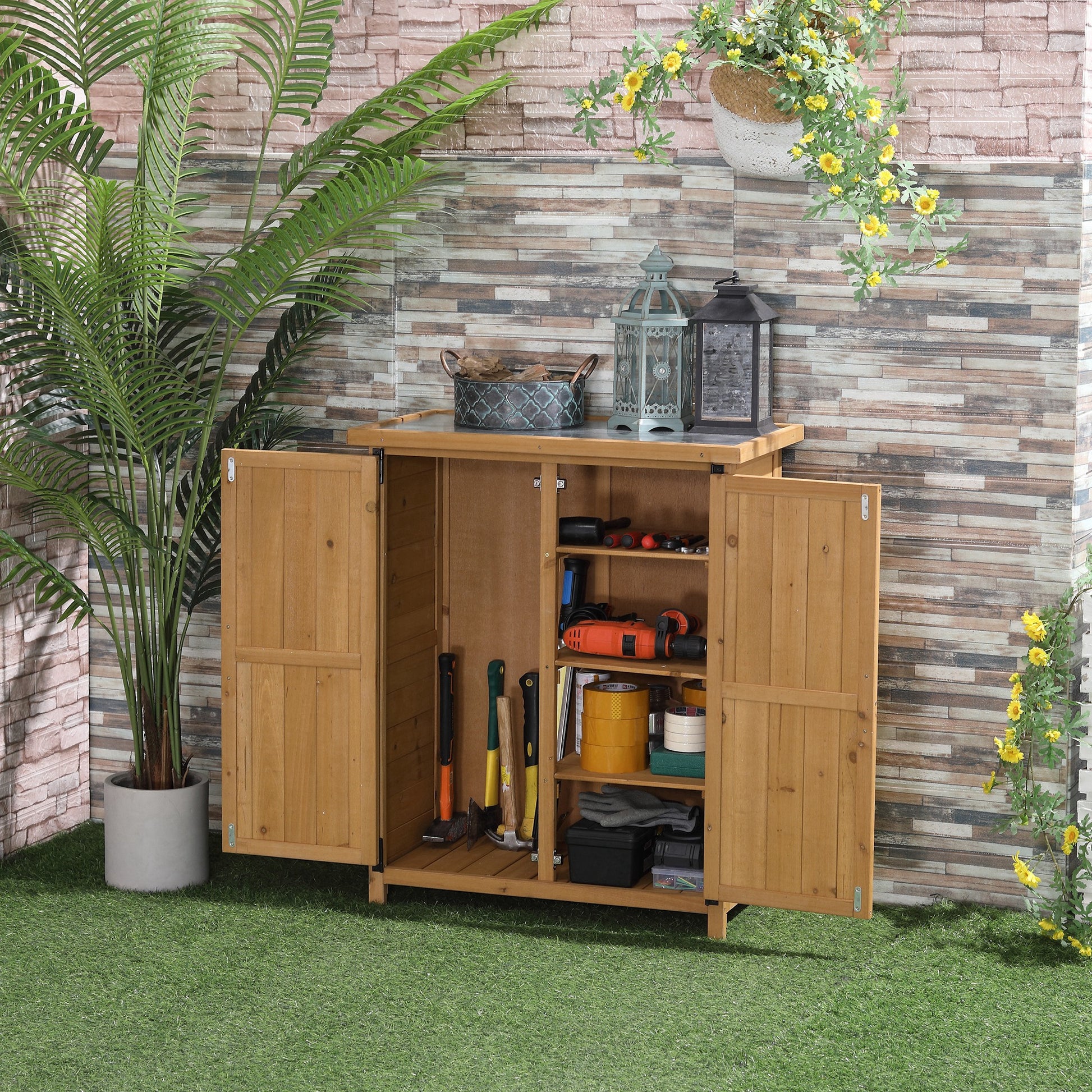 Outsunny Armario de Exterior de Madera 0,24 m² 75x40x90 cm Caseta de Jardín con 2 Puertas 4 Estantes y Techo de Galvanizado para Almacenamiento de Herramientas Natural