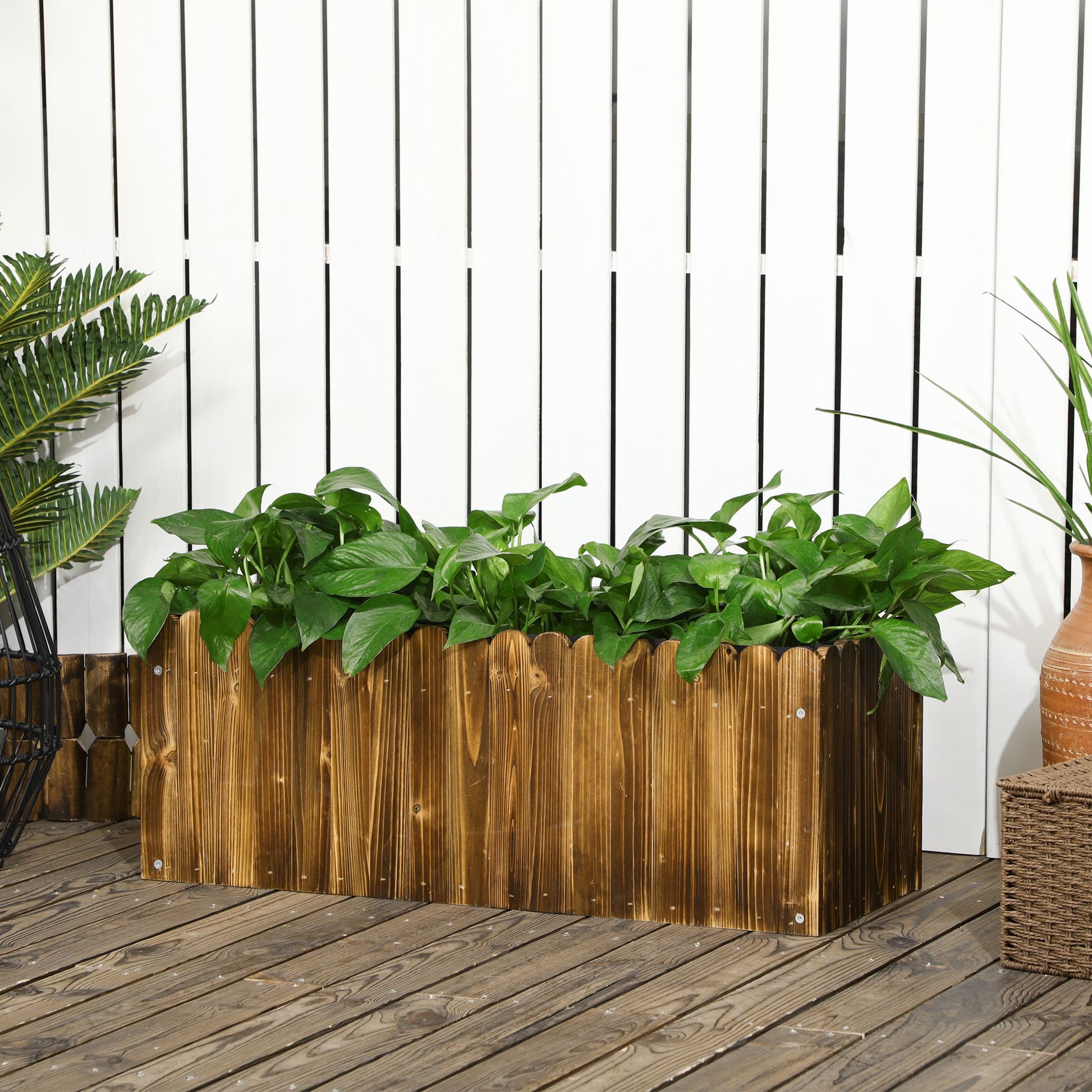 Outsunny Jardinera de Madera Rectangular Macetero de Jardín con Orificio de Drenaje y Tela no Tejida Huerto Urbano para Plantas Flores Hierbas para Terraza Patio 80x30x30 cm Marrón