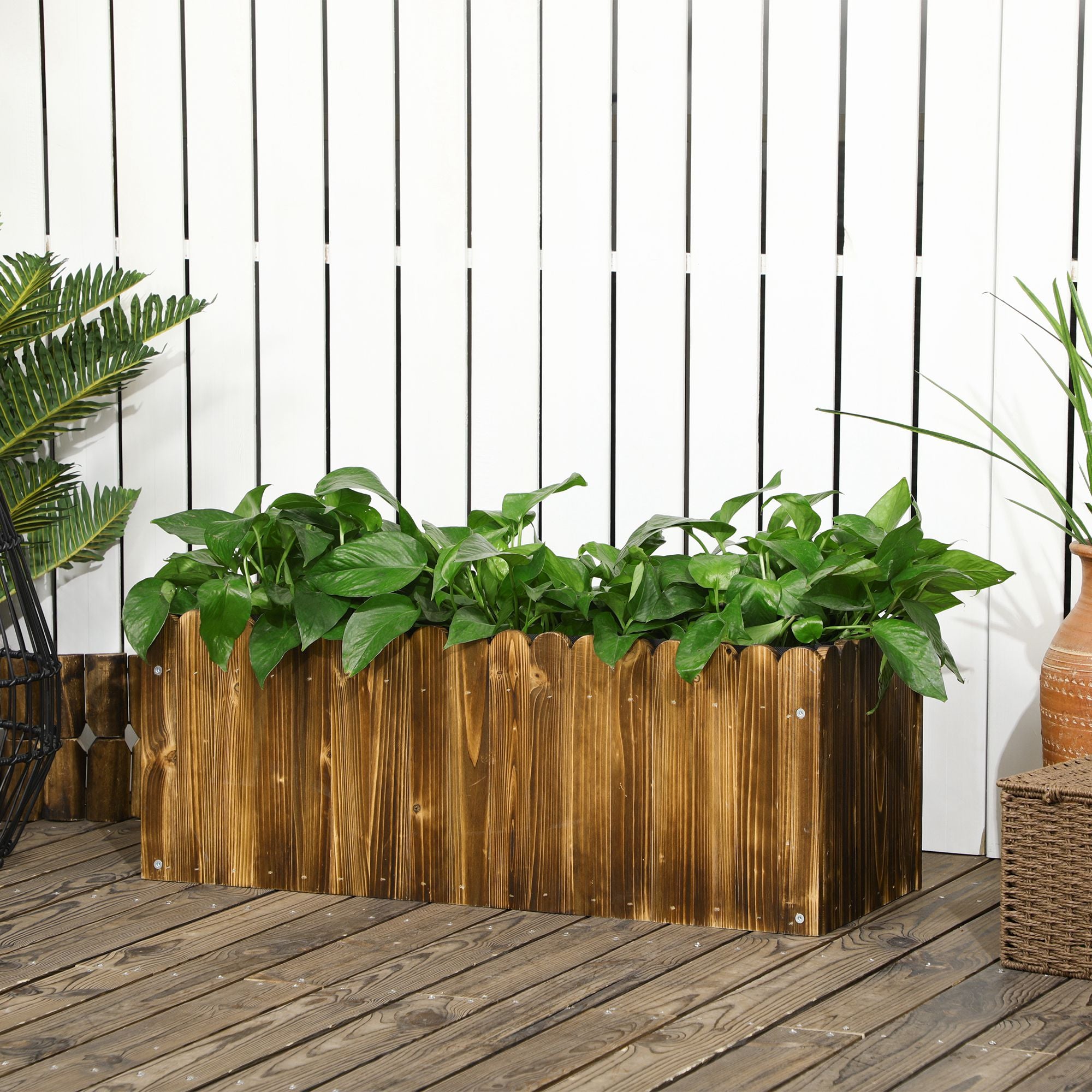 Outsunny Jardinera de Madera Rectangular Macetero de Jardín con Orificio de Drenaje y Tela no Tejida Huerto Urbano para Plantas Flores Hierbas para Terraza Patio 80x30x30 cm Marrón