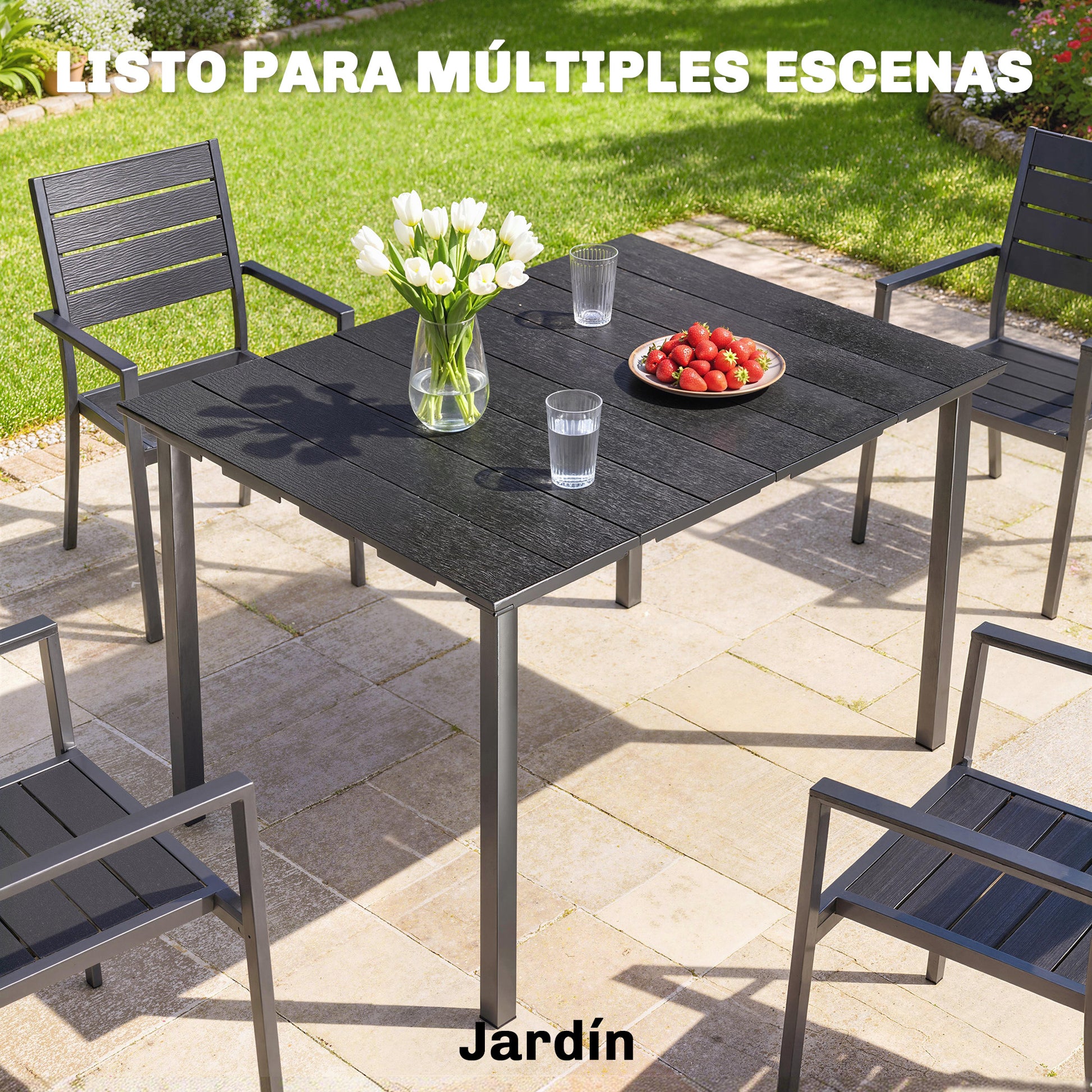 Outsunny Mesa de Comedor de Jardín Rectangular, Mesa de Terraza Exterior 120x90x74 cm, con Encimera de HDPE y Estructura Metálica, para 6 Personas, Carga 50 kg, para Patio, Balcón, Negro