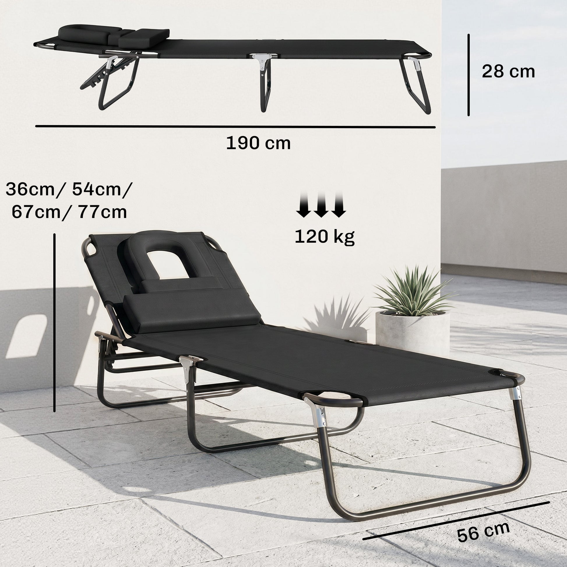 Outsunny Tumbona Plegable con Respaldo Regulable en 4 Posiciones Tumbona de Jardín con Orificio de Lectura Almohada Marco Metálico y Tela Oxford para Playa Terraza Carga 120 kg 190x56x28 cm Negro