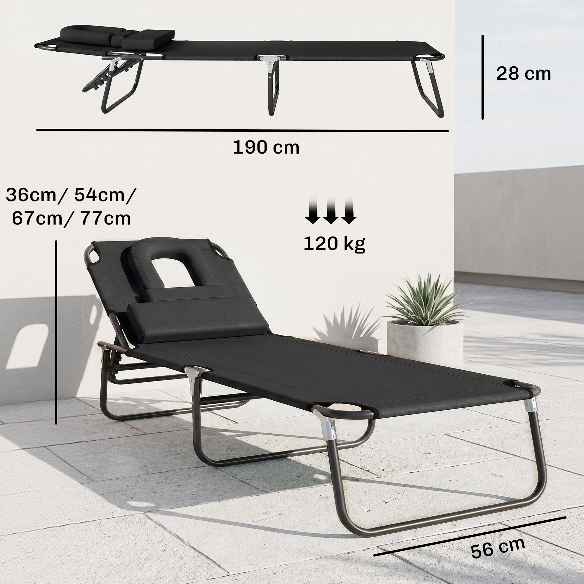 Outsunny Tumbona Plegable con Respaldo Regulable en 4 Posiciones Tumbona de Jardín con Orificio de Lectura Almohada Marco Metálico y Tela Oxford para Playa Terraza Carga 120 kg 190x56x28 cm Negro