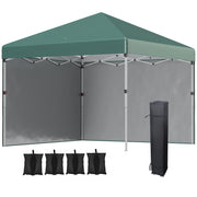 Outsunny Carpa Plegable Pop-up Gazebo 3x3 m Cenador Plegable con 2 Paredes Laterales Anti-UV Altura Ajustable en 3 Niveles Sacos de Arena y Bolsa de Transporte con Ruedas para Camping Fiestas Verde
