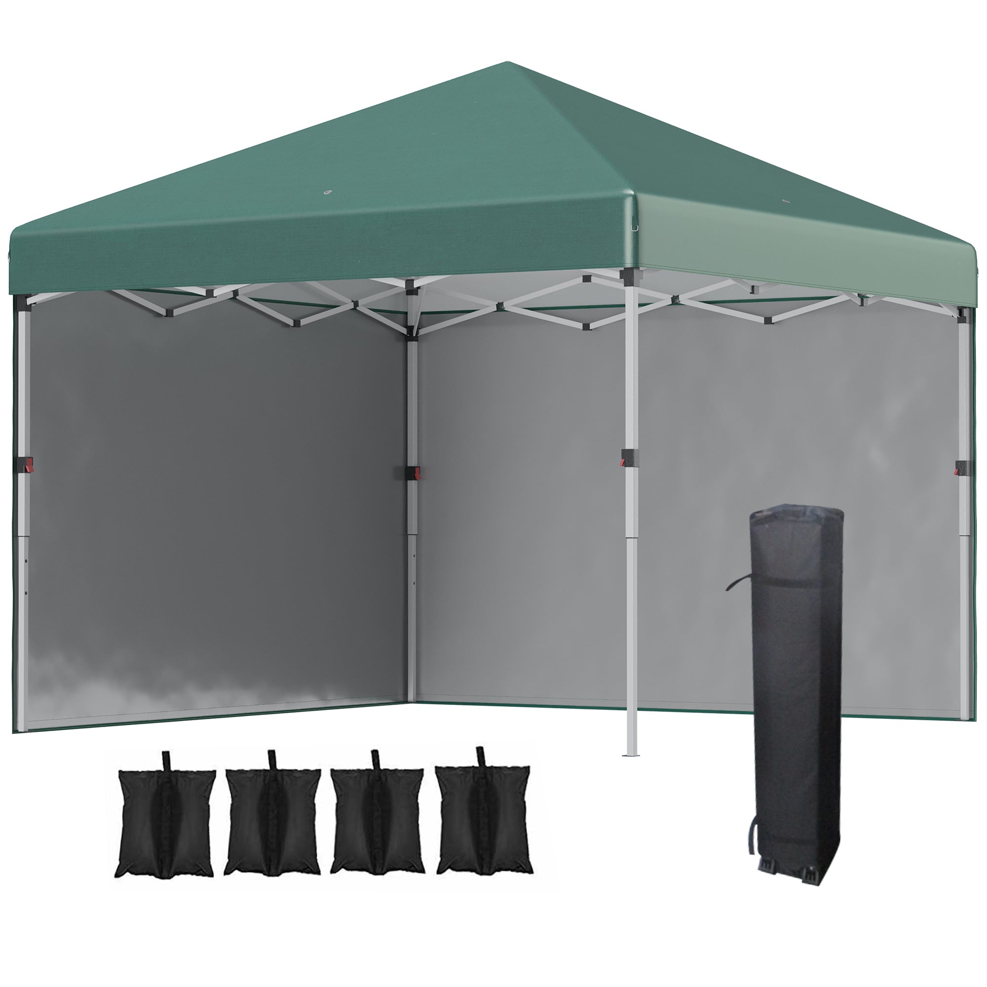 Outsunny Carpa Plegable Pop-up Gazebo 3x3 m Cenador Plegable con 2 Paredes Laterales Anti-UV Altura Ajustable en 3 Niveles Sacos de Arena y Bolsa de Transporte con Ruedas para Camping Fiestas Verde
