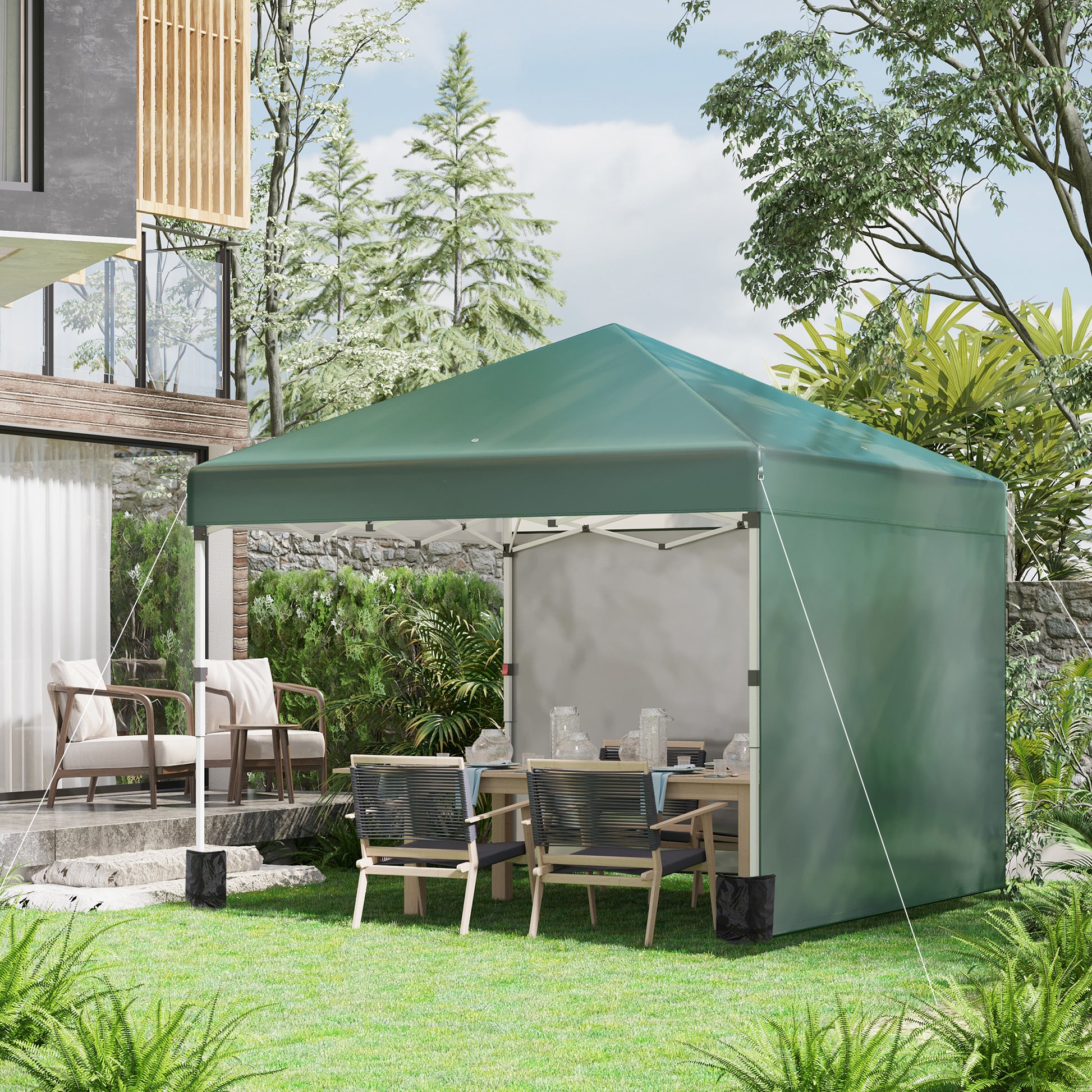 Outsunny Carpa Plegable Pop-up Gazebo 3x3 m Cenador Plegable con 2 Paredes Laterales Anti-UV Altura Ajustable en 3 Niveles Sacos de Arena y Bolsa de Transporte con Ruedas para Camping Fiestas Verde