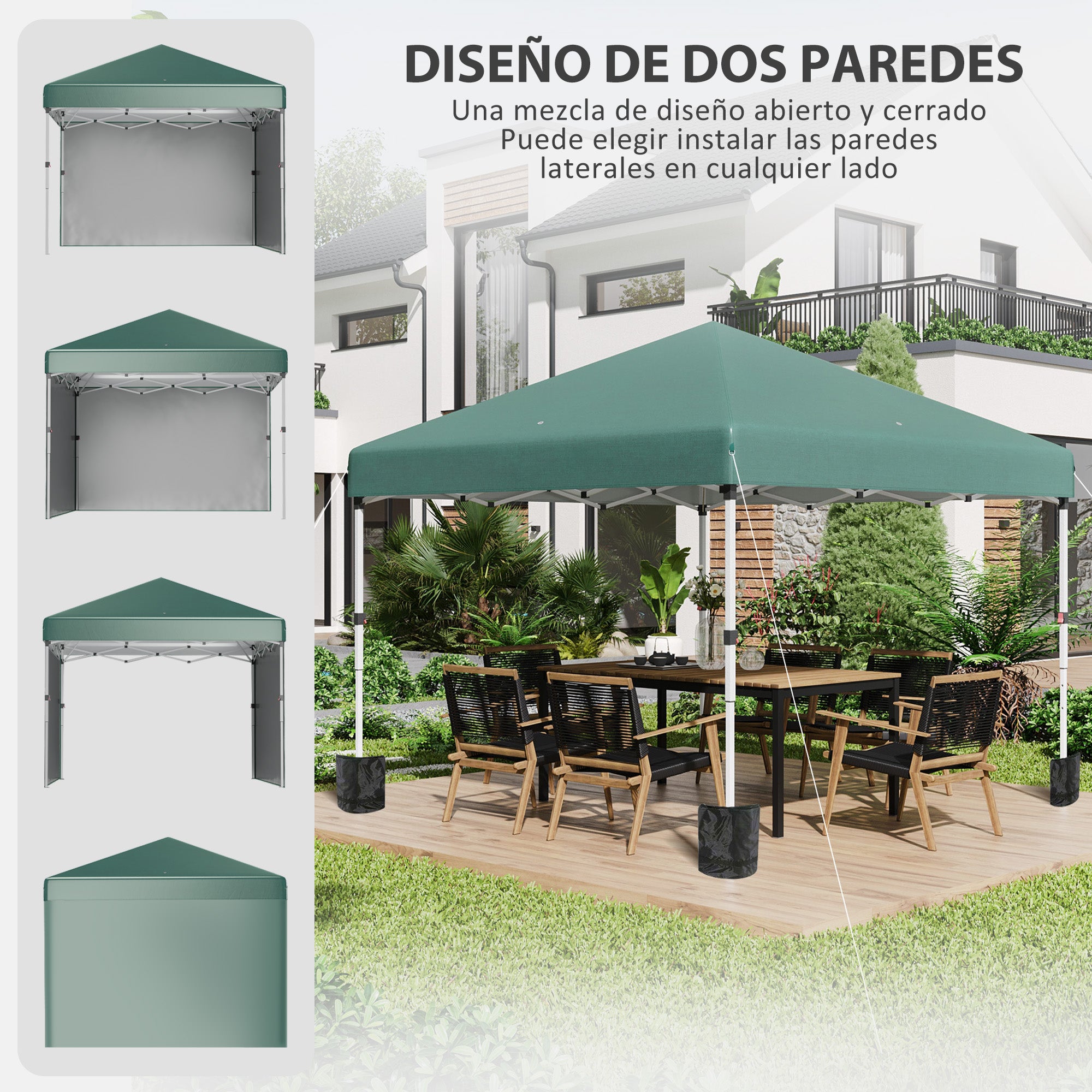 Outsunny Carpa Plegable Pop-up Gazebo 3x3 m Cenador Plegable con 2 Paredes Laterales Anti-UV Altura Ajustable en 3 Niveles Sacos de Arena y Bolsa de Transporte con Ruedas para Camping Fiestas Verde