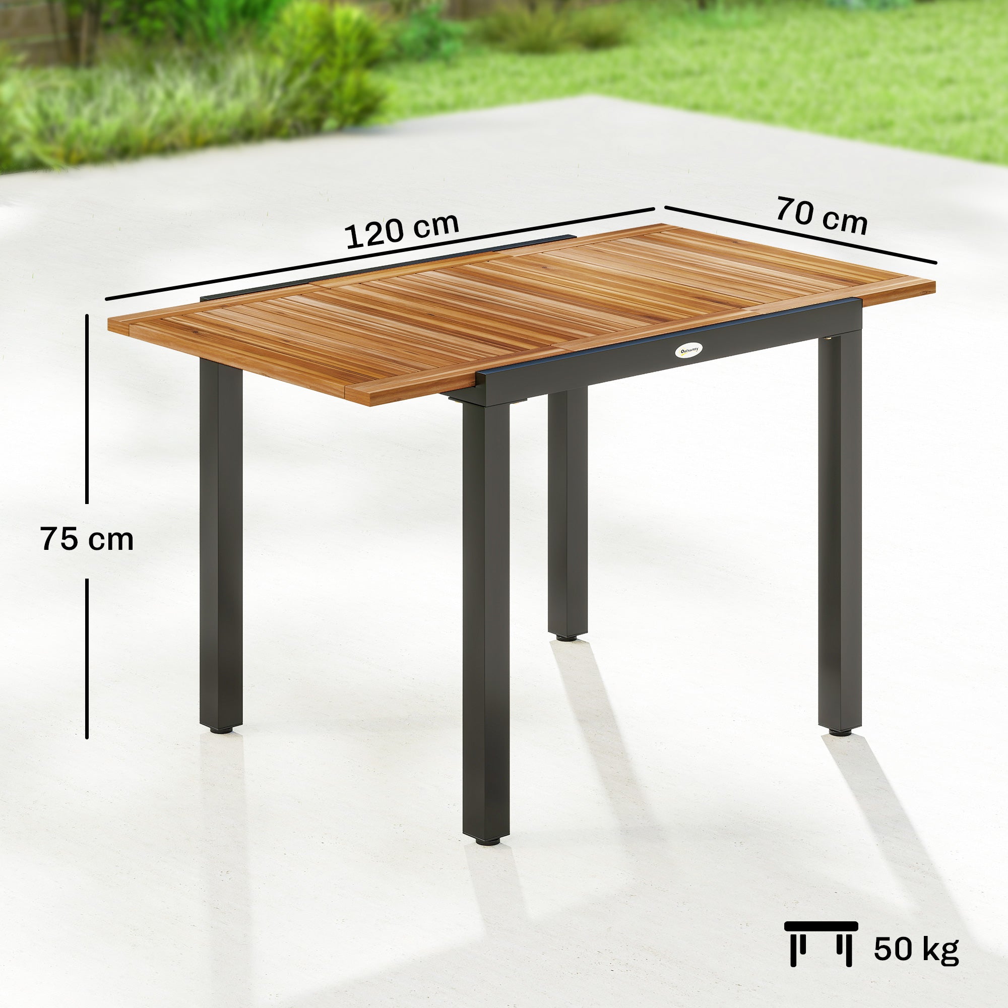 Outsunny Mesa de Jardín Extensible 120/80x70 cm, Mesa de Comedor Exterior Extensible Rectangular con Estructura de Acero y Tablero de Madera de Acacia, para 4-6 Personas, para Patio, Terraza, Natural