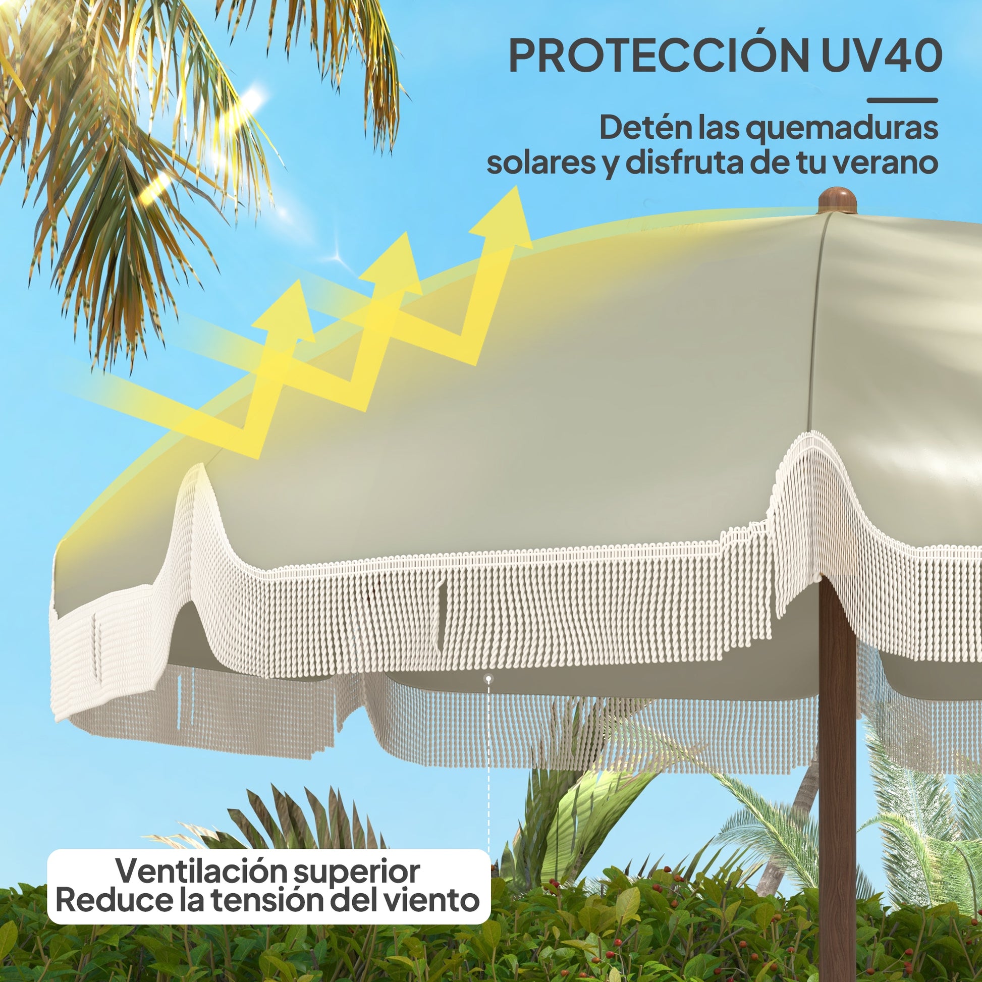 Outsunny Sombrilla de Playa Grande con Flecos Ø190 cm Sombrilla de Terraza Exterior con Protección UV40+ Antiviento Impermeable Mástil de Ø32 mm y Bolsa de Transporte Verde Oliva Claro