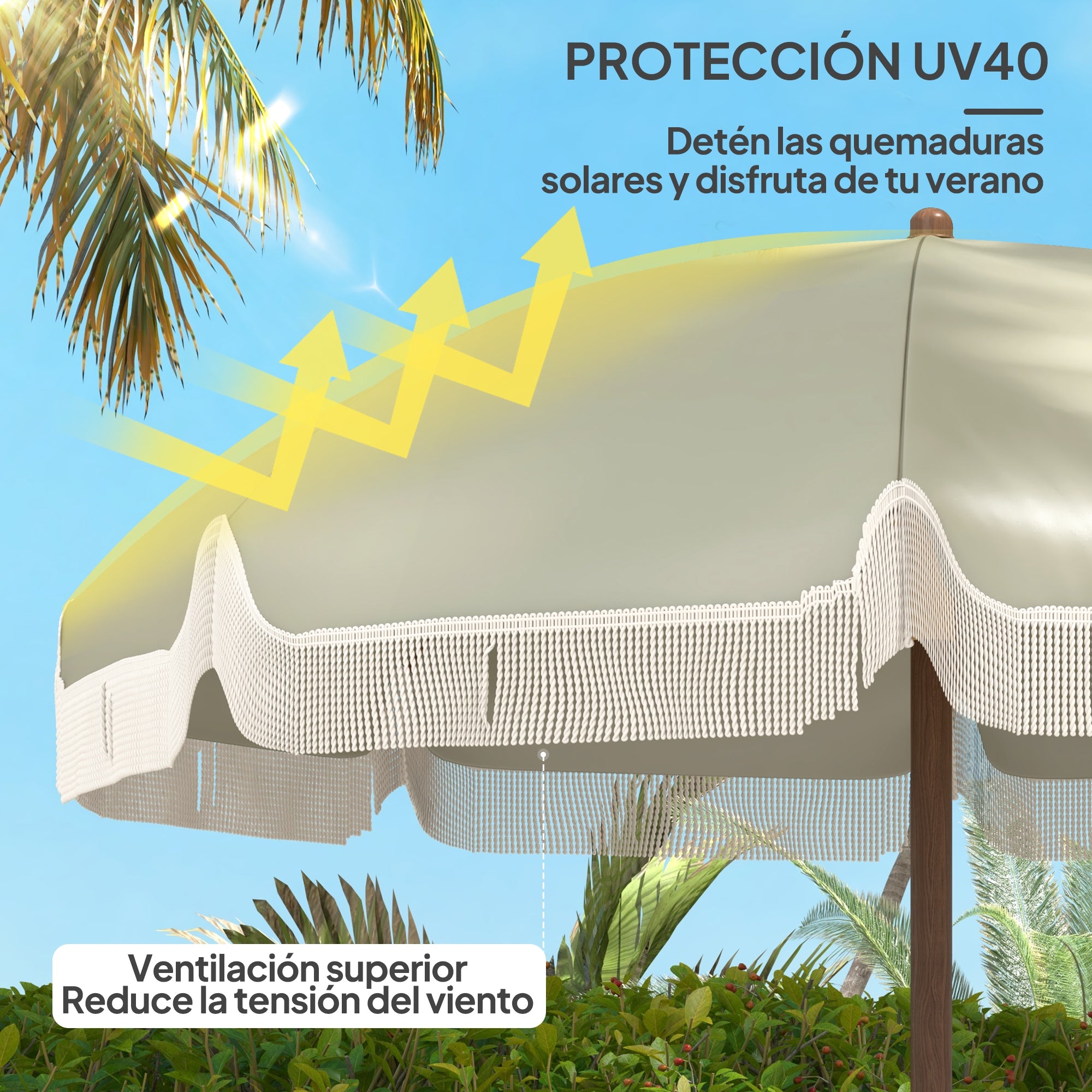 Outsunny Sombrilla de Playa Grande con Flecos Ø190 cm Sombrilla de Terraza Exterior con Protección UV40+ Antiviento Impermeable Mástil de Ø32 mm y Bolsa de Transporte Verde Oliva Claro
