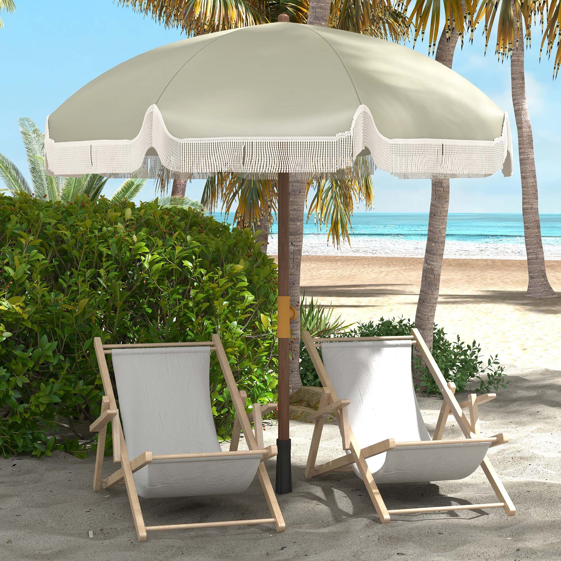 Outsunny Sombrilla de Playa Grande con Flecos Ø190 cm Sombrilla de Terraza Exterior con Protección UV40+ Antiviento Impermeable Mástil de Ø32 mm y Bolsa de Transporte Verde Oliva Claro