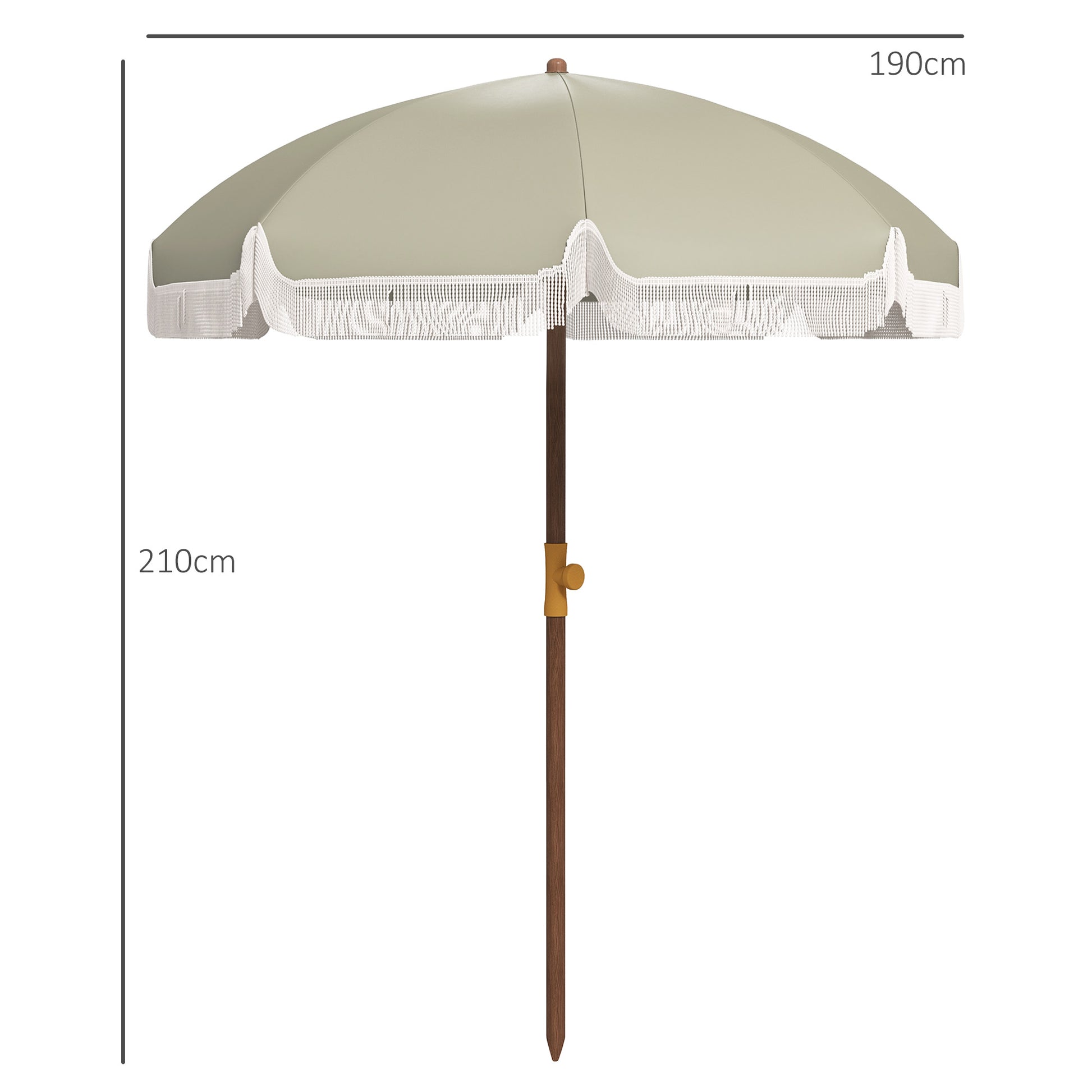Outsunny Sombrilla de Playa Grande con Flecos Ø190 cm Sombrilla de Terraza Exterior con Protección UV40+ Antiviento Impermeable Mástil de Ø32 mm y Bolsa de Transporte Verde Oliva Claro