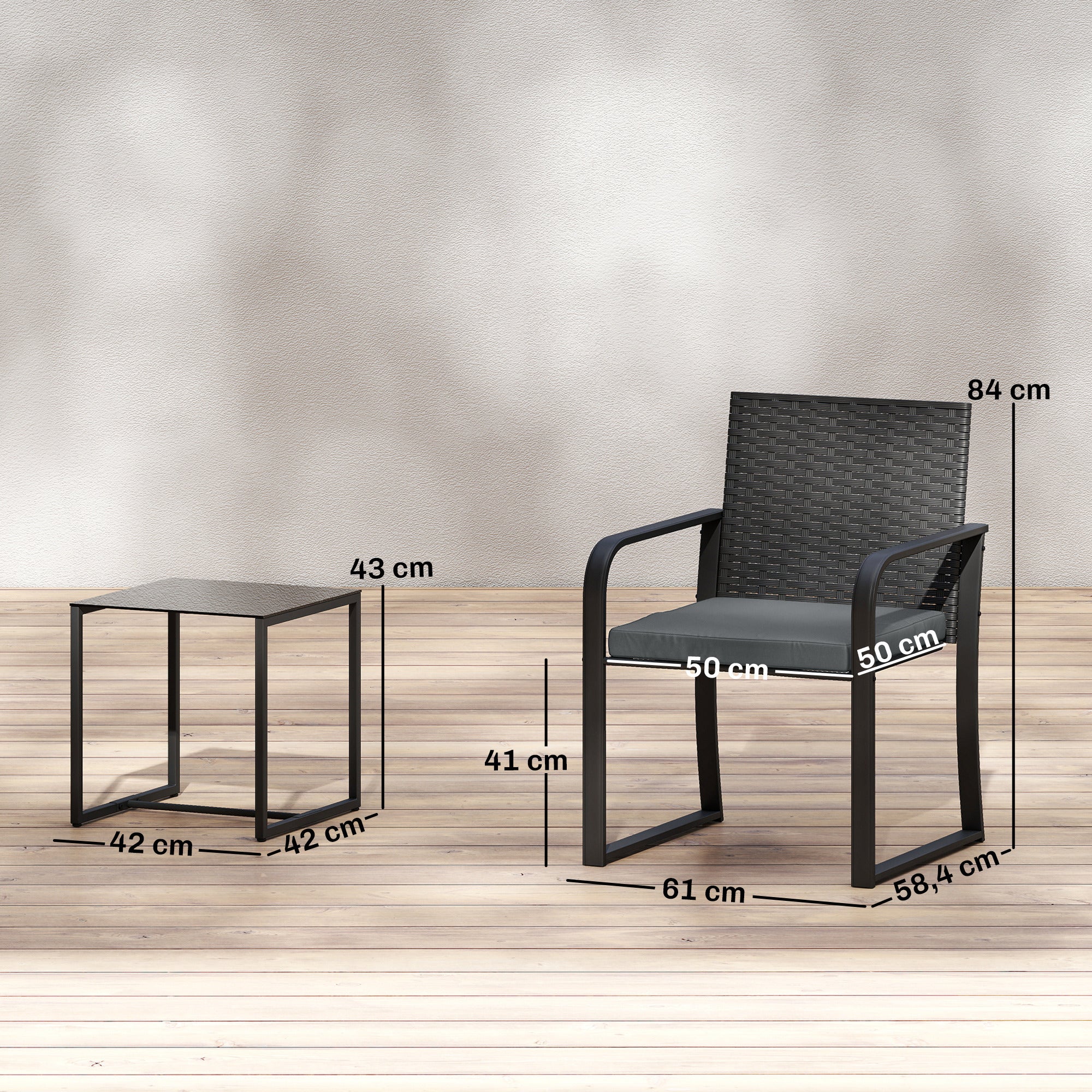 Outsunny Conjunto de Jardín Exterior de 3 Piezas, Muebles Jardín Exterior de Ratán con 2 Sillas con Cojines, Tela Textilene y Mesa de Vidrio Templado, Resistente a Intemperie, para Balcón, Patio, Gris