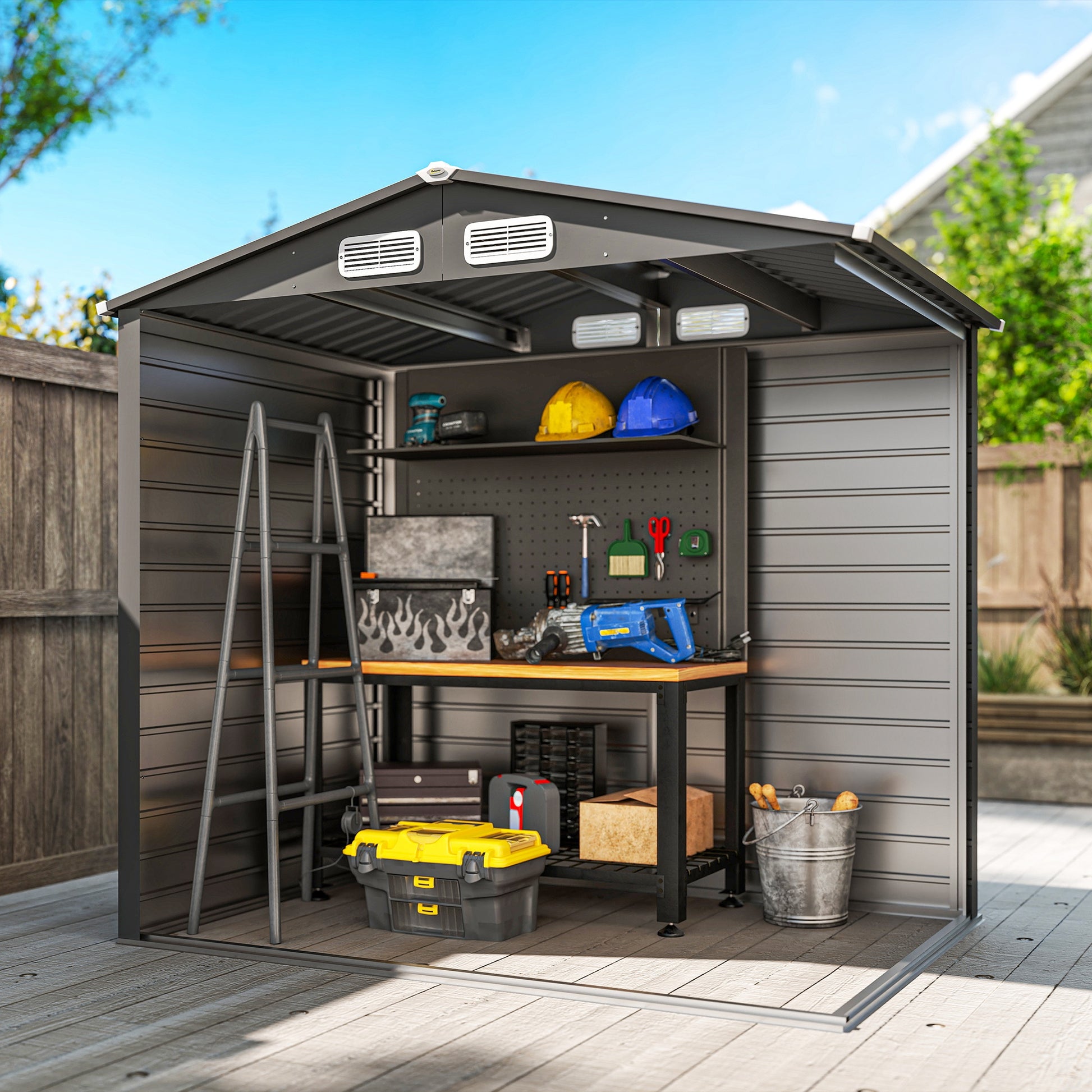 Outsunny Caseta de Jardín Exterior, 2,27 m² 190x131x188 cm, Cobertizo de Jardín Exterior Metálico con 2 Ventilaciones, Puerta con Cerradura, para Almacenamiento de Herramientas, Gris