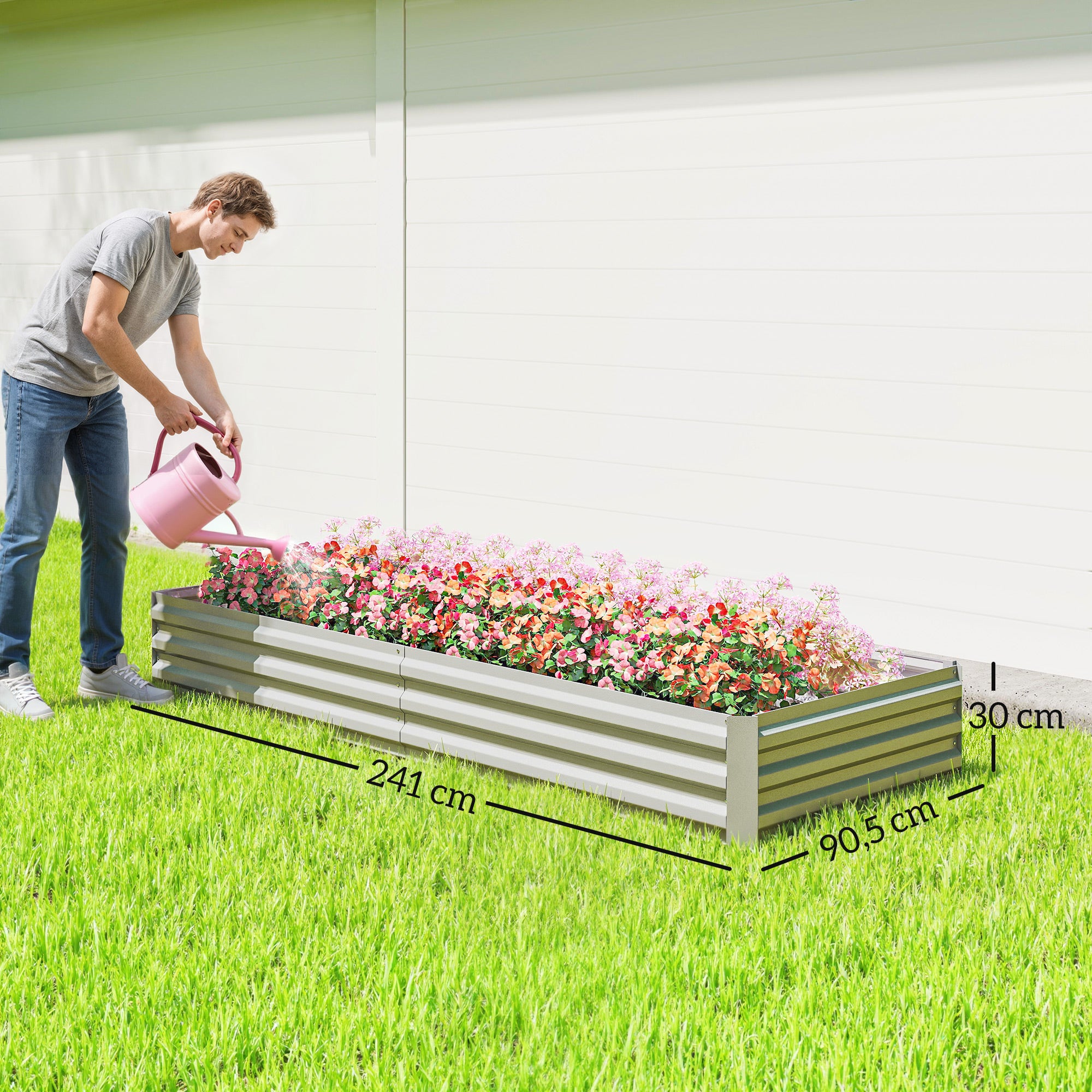 Outsunny Jardinera Exterior Grande Rectangular de Acero Galvanizado, Huerto Urbano para Cultivar Plantas, Macetero Grande Exterior con Base Abierta, Resistente a la Intemperie, 241x90,5x30 cm, Plata
