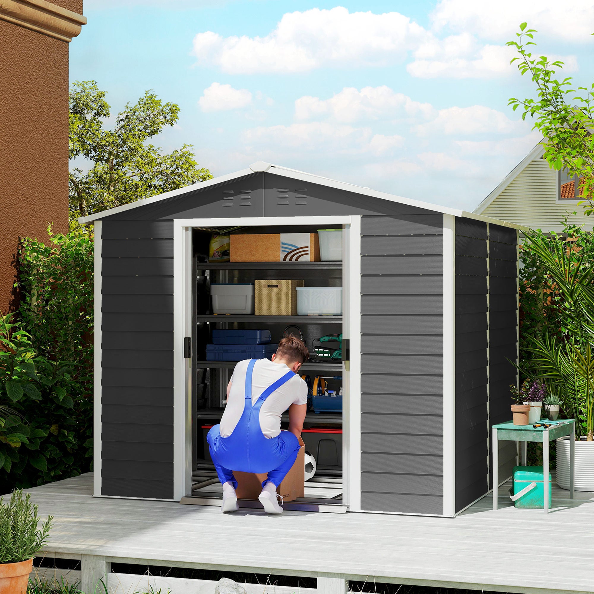 Outsunny Caseta de Jardín Exterior 4,4 m², 240x206x198 cm, Cobertizo de Jardín Exterior Metálico con Base Refuerzo (Suelo NO Incluido), Puerta Corredera con Cerradura y 4 Ventanas para Patio, Gris