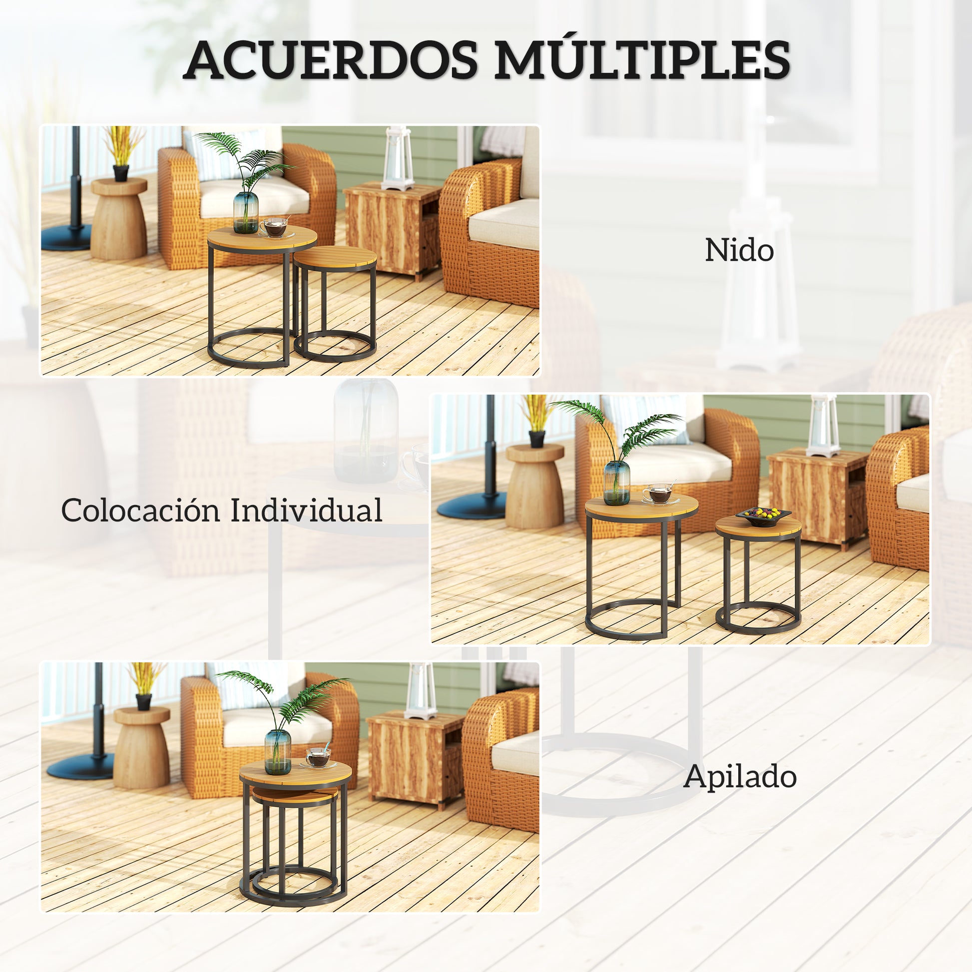 Outsunny Juego de 2 Mesas de Jardín con Encimera de Madera de Acaica Diseño Listones Mesas Auxiliares de Jardín Nido con Marco de Acero y Pies Ajustables para Balcón Terraza Patio Teca y Negro