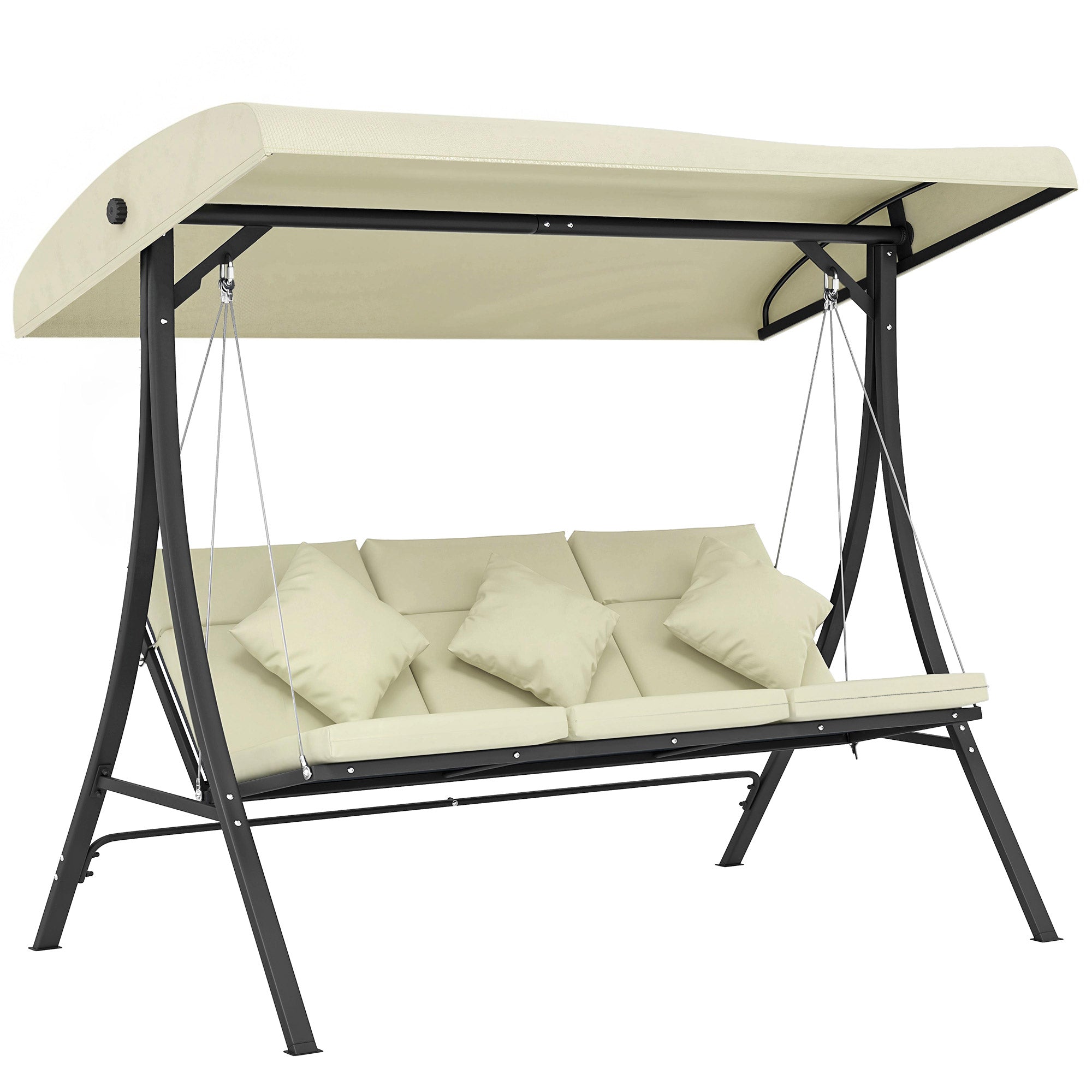 Outsunny Columpio de Jardín Exterior de 3 Plazas, Balancín de Jardín Exterior con Techo Ajustable Cojines, Almohadas y Estructura de Acero, para Terraza, Patio, Carga 320 kg, 202x115x168 cm, Beige