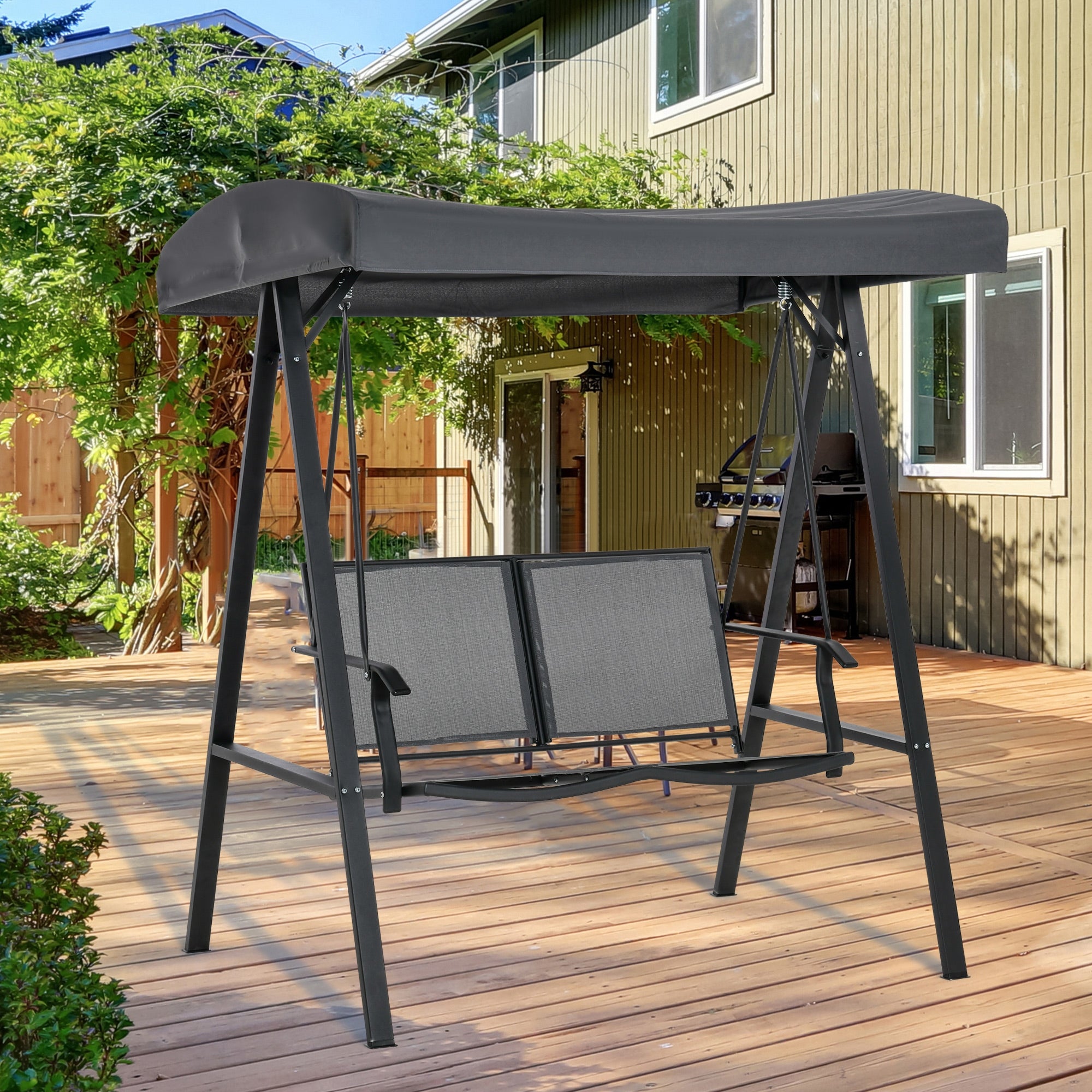 Outsunny Columpio Balancín de Jardín de 2 Plazas con Techo Ajustable Respaldo Transpirable y Marco de Acero para Balcón Terraza Exterior Carga Máx. 220 kg 150x110x170 cm Gris