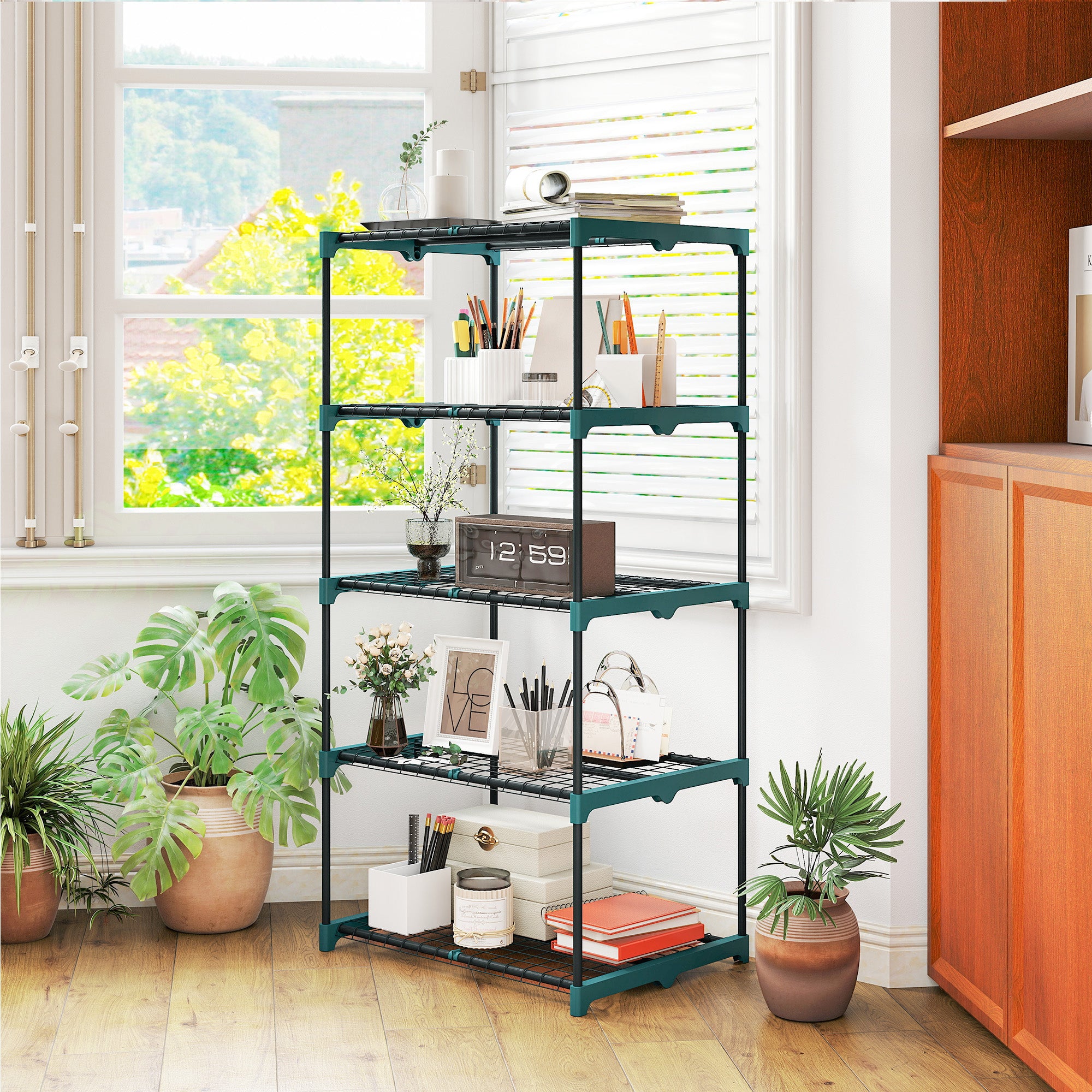 Outsunny Soporte para Plantas de 5 Niveles, Estantería para Plantas de Acero, Estantes de Rejilla, Soporte para Macetas, Interior y Exterior, 67x49x138 cm, Verde Oscuro