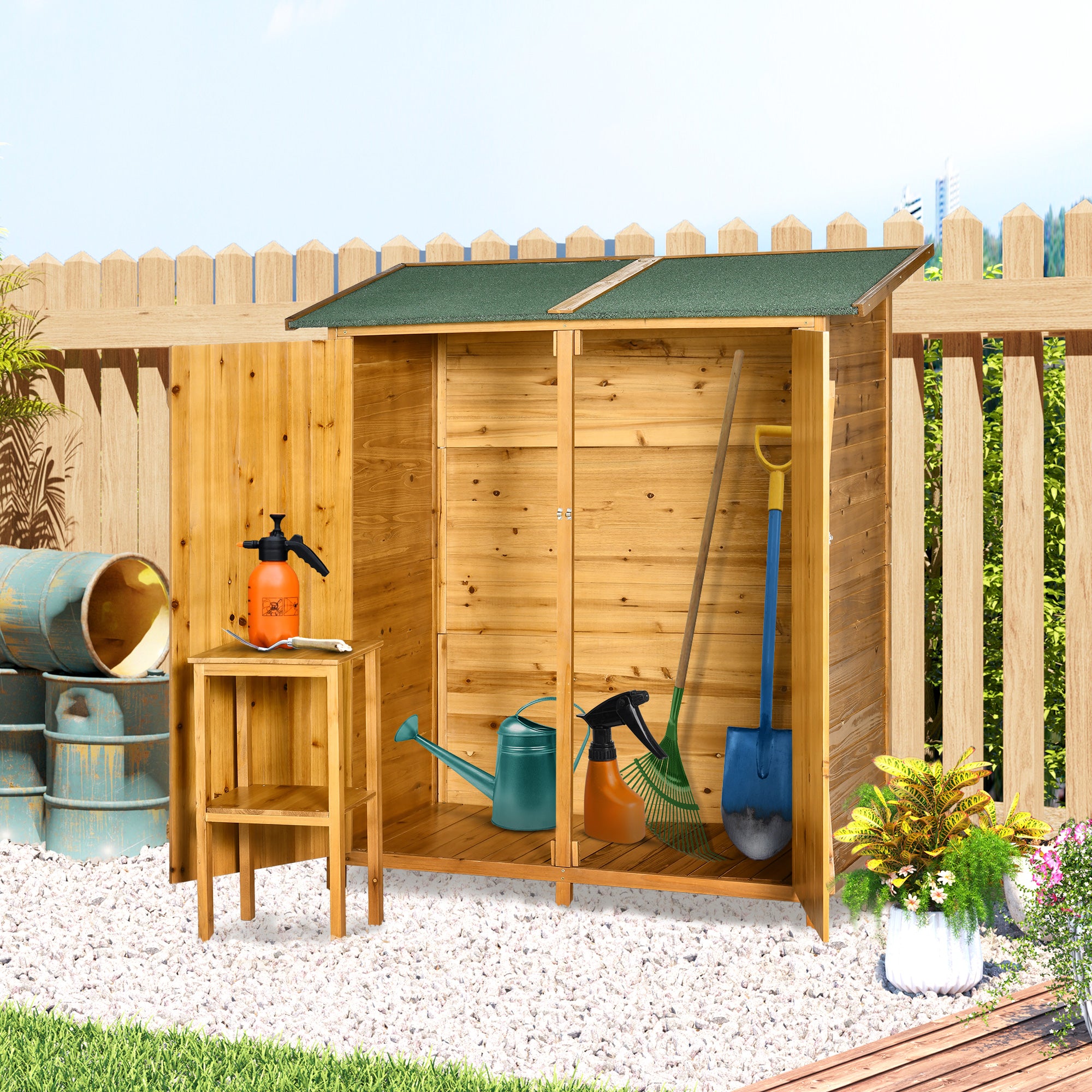 Outsunny Caseta de Jardín de Madera 140x75x157 cm Cobertizo para Almacenaje de Herramientas con Techo Asfáltico Estantería y 2 Puertas con Cerrojo para Exterior Terraza Natural