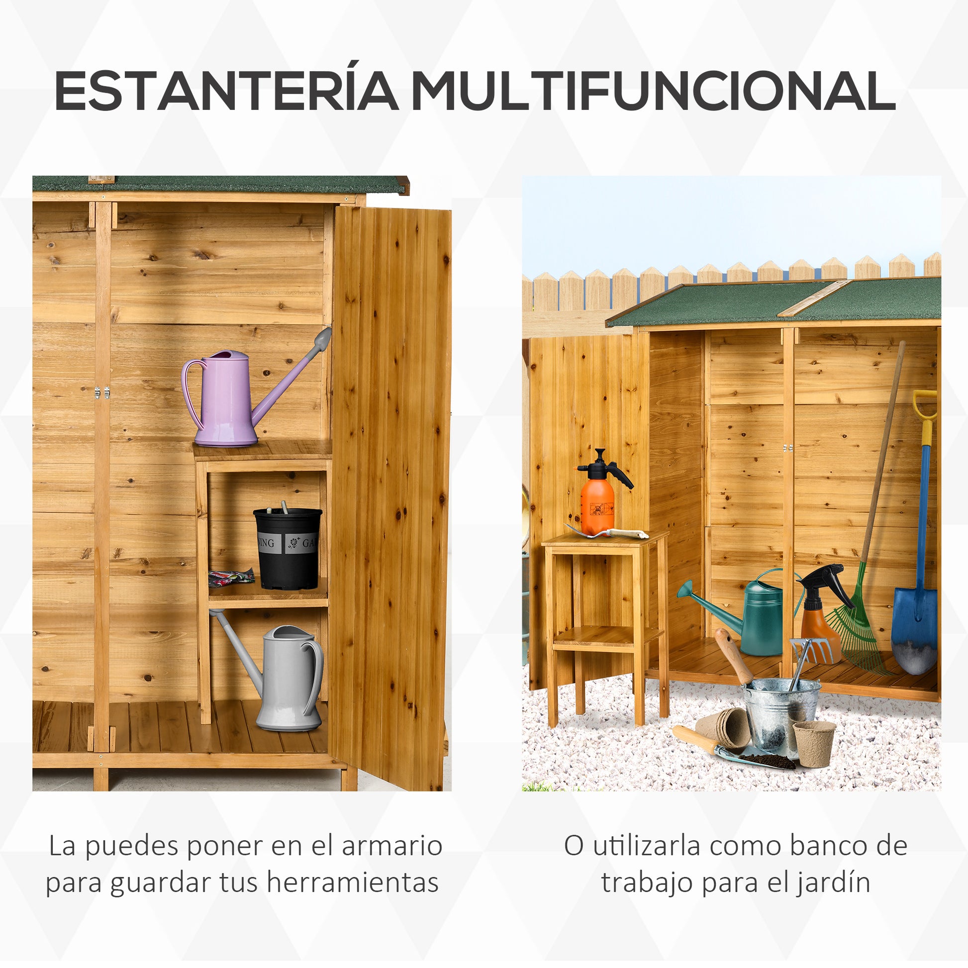 Outsunny Caseta de Jardín de Madera 140x75x157 cm Cobertizo para Almacenaje de Herramientas con Techo Asfáltico Estantería y 2 Puertas con Cerrojo para Exterior Terraza Natural