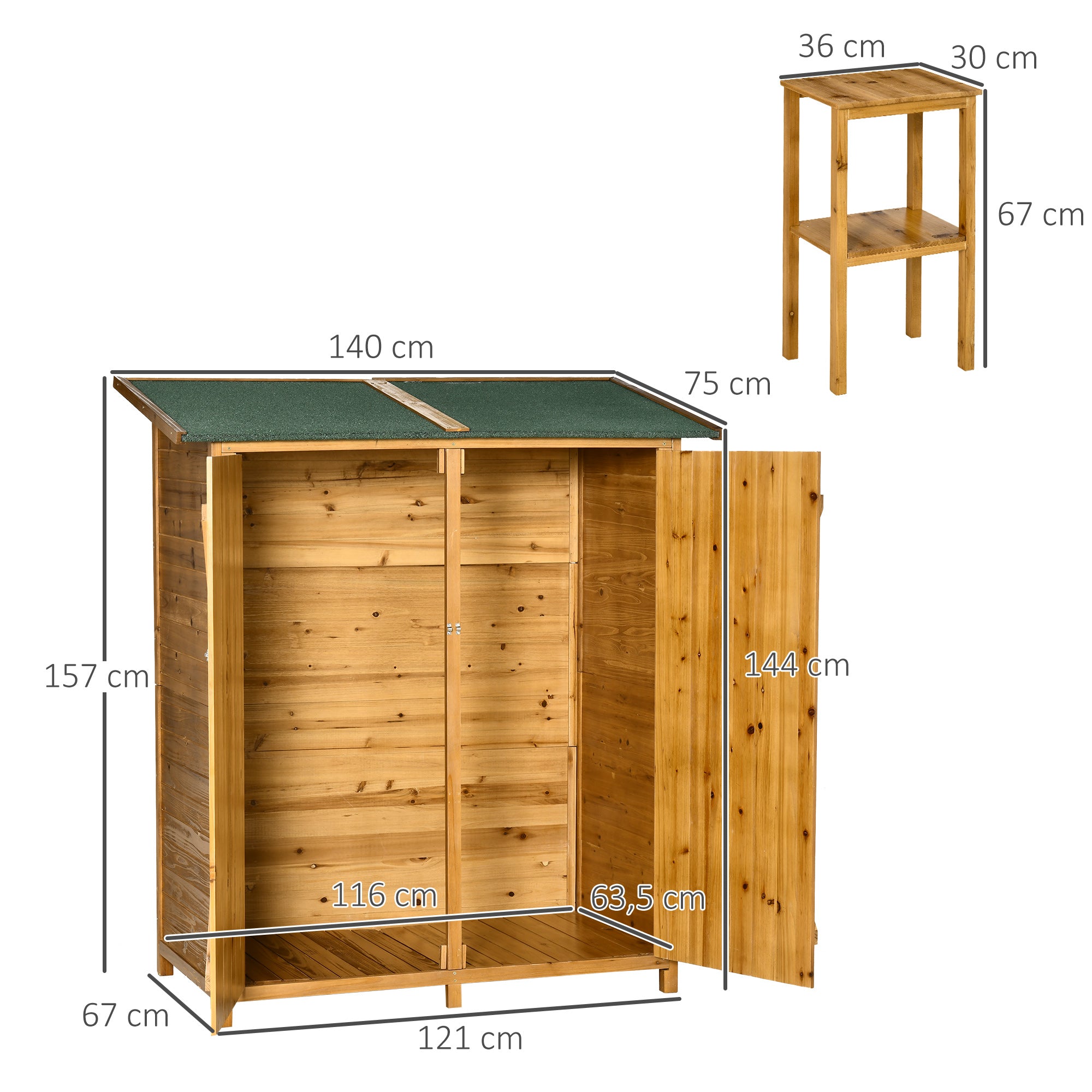Outsunny Caseta de Jardín de Madera 140x75x157 cm Cobertizo para Almacenaje de Herramientas con Techo Asfáltico Estantería y 2 Puertas con Cerrojo para Exterior Terraza Natural