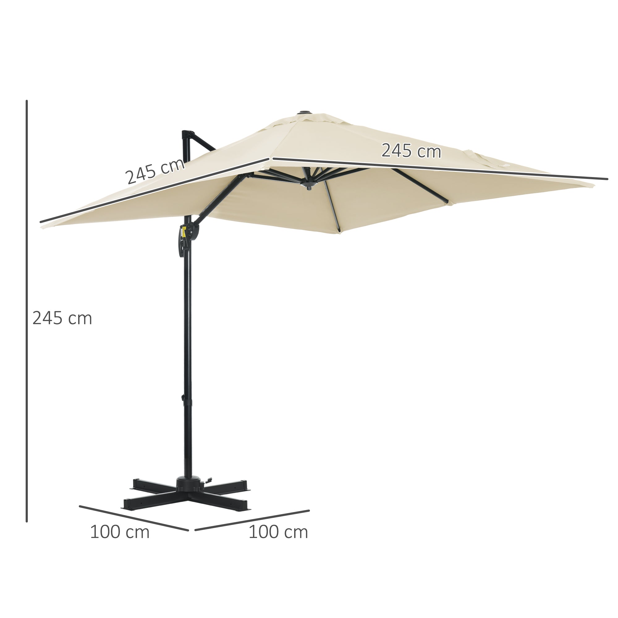 Outsunny Sombrilla de Jardín de Aluminio 245x245x245 cm Parasol Excéntrico con Manivela Giratorio 360° Inclinación de 5 Niveles Tela Desmontable Crema