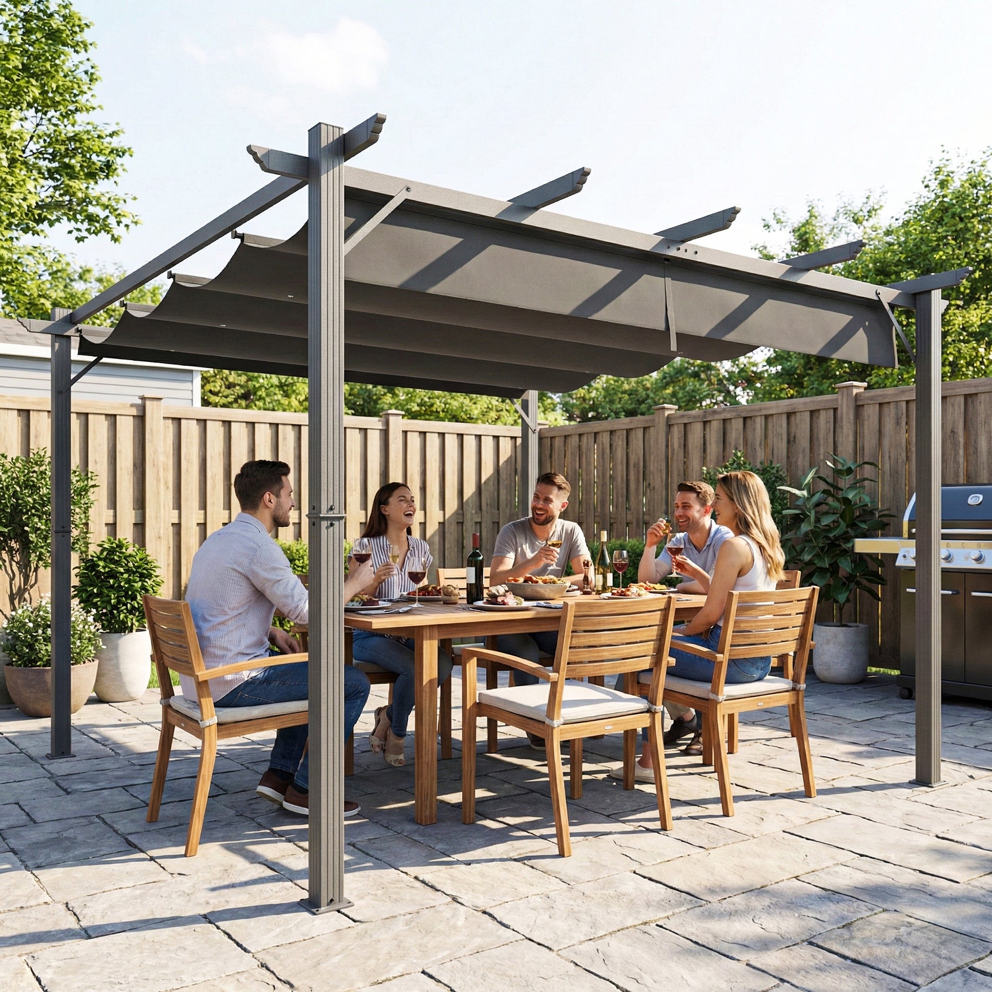 Outsunny Pérgola de Jardín 3x3 m con Techo Retráctil, Cenador de Jardín con Protección UPF30+, Orificios de Drenaje, Estructura de Aluminio, Pabellón para Patio, Terraza, Exterior, Gris Oscuro