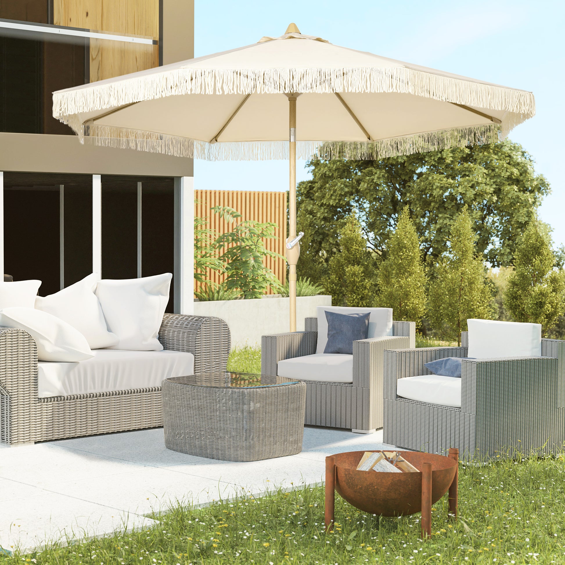 Outsunny Sombrilla Terraza Exterior, Ø265x244 cm, Sombrilla de Jardín con Ángulo Ajustable, Manivela, Flecos de Estilo Boho, Impermeable, Parasol para Patio, Terraza, Crema