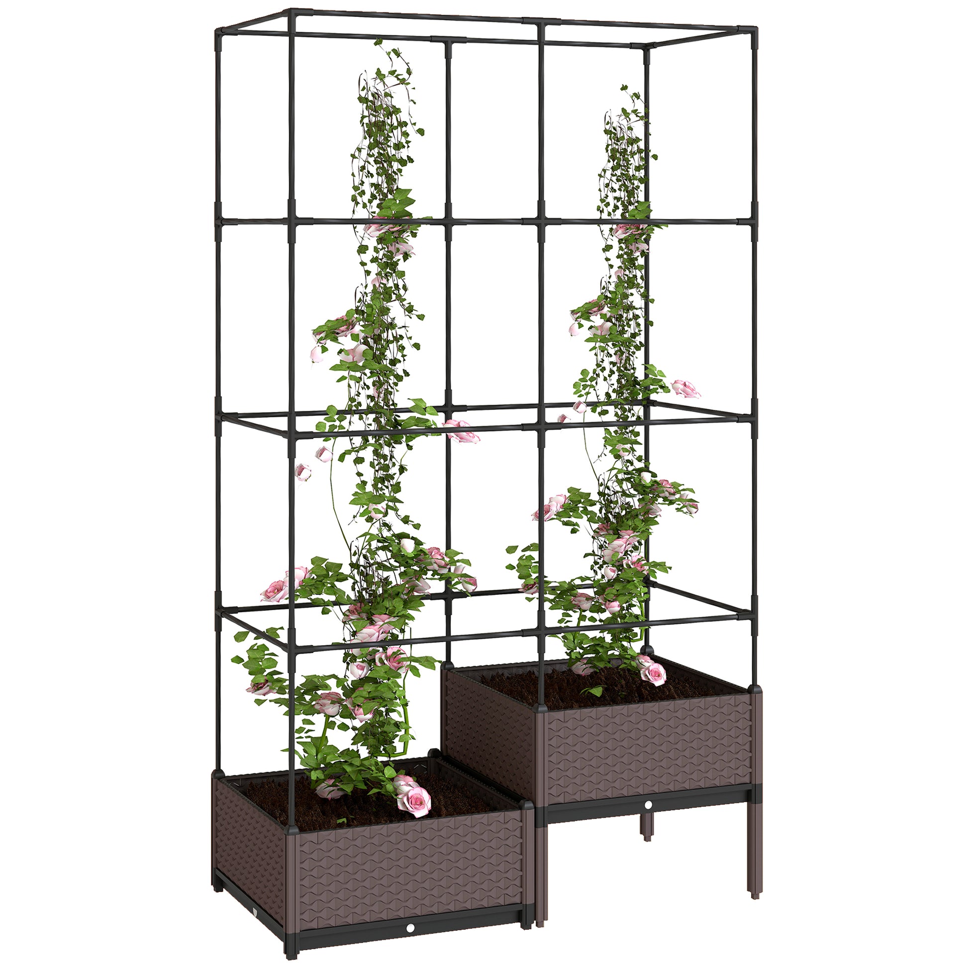Outsunny Jardinera con Enrejado Metálico, Jardinera Exterior Grande para Plantas Trepadoras, 2 Macetas de PP con Orificios de Drenaje, Tapones, Macetero Elevado para Jardín Patio, 100x50x174 cm, Negro