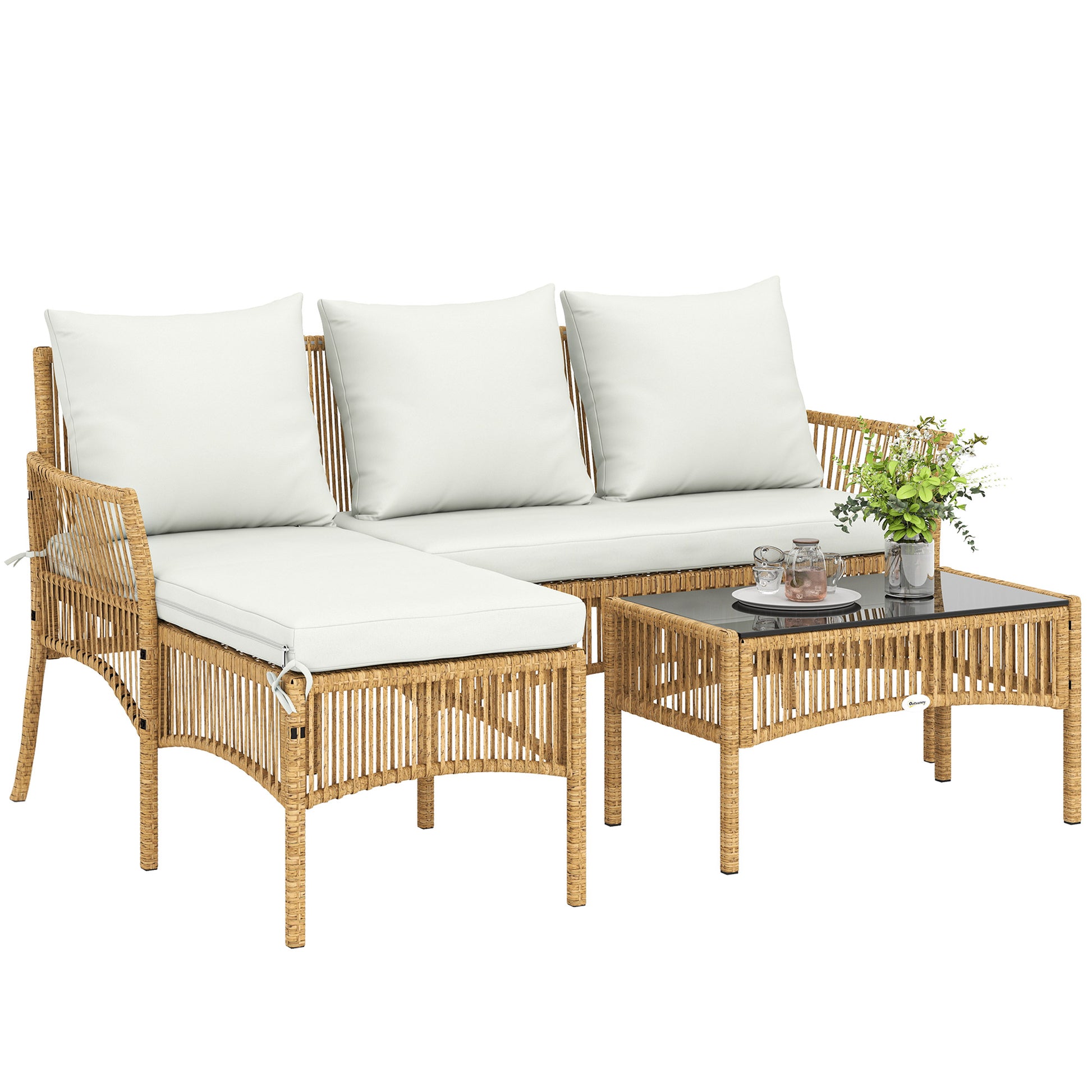 Outsunny Conjunto de Jardín de Ratán de 3 Piezas, Muebles Jardín Exterior Incluye 1 Sofá de 2 Plazas, 1 Sofá Esquinera, 1 Mesa de Centro con Tablero de Vidrio Templado, Cojines, Resistente, Crema