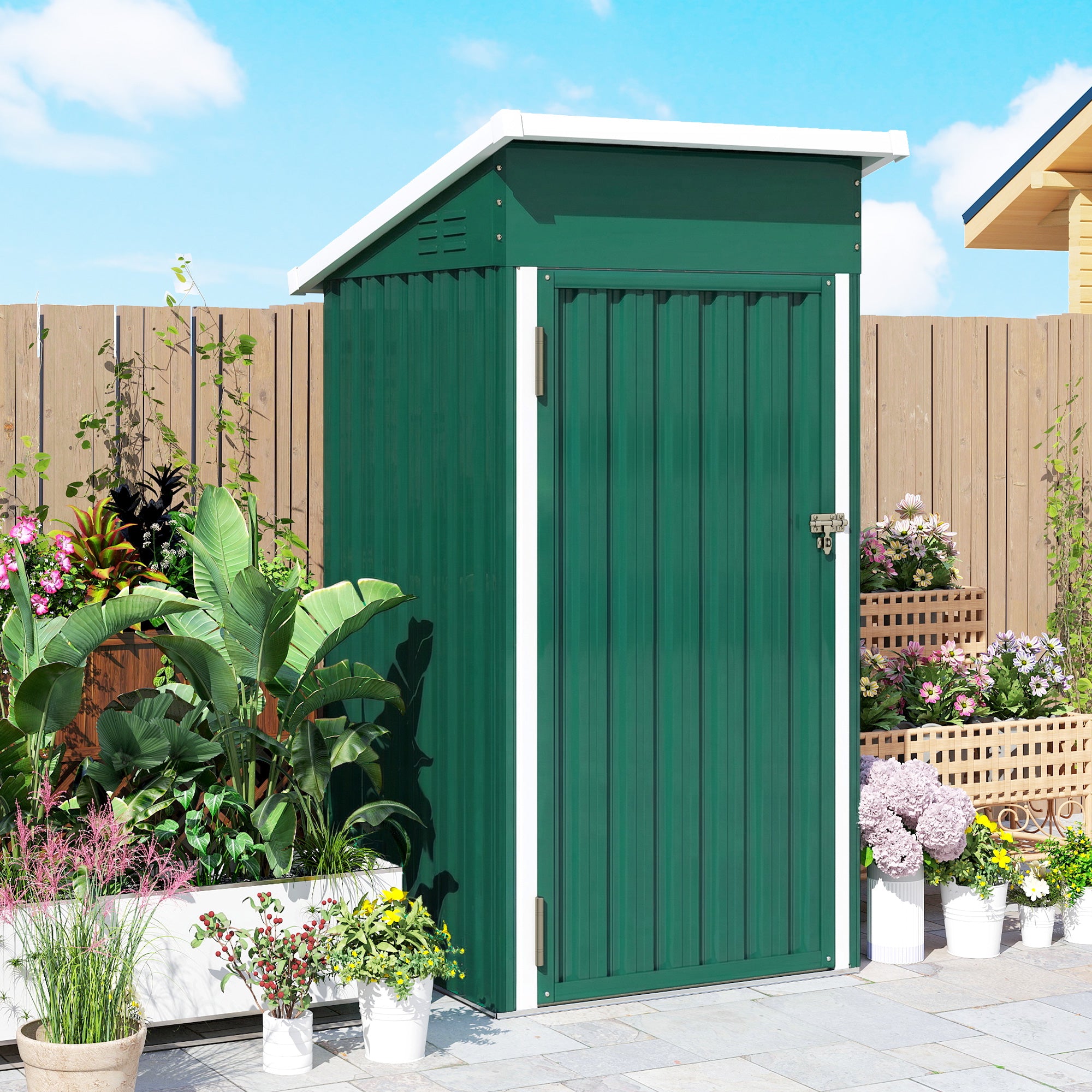 Outsunny Caseta de Jardín Exterior 0,74 m², 107,5x91x185 cm, Cobertizo de Jardín Exterior Metálico con Techo Inclinado, Puerta con Cerradura y Ventilaciones para Almacenamiento de Herramientas, Verde