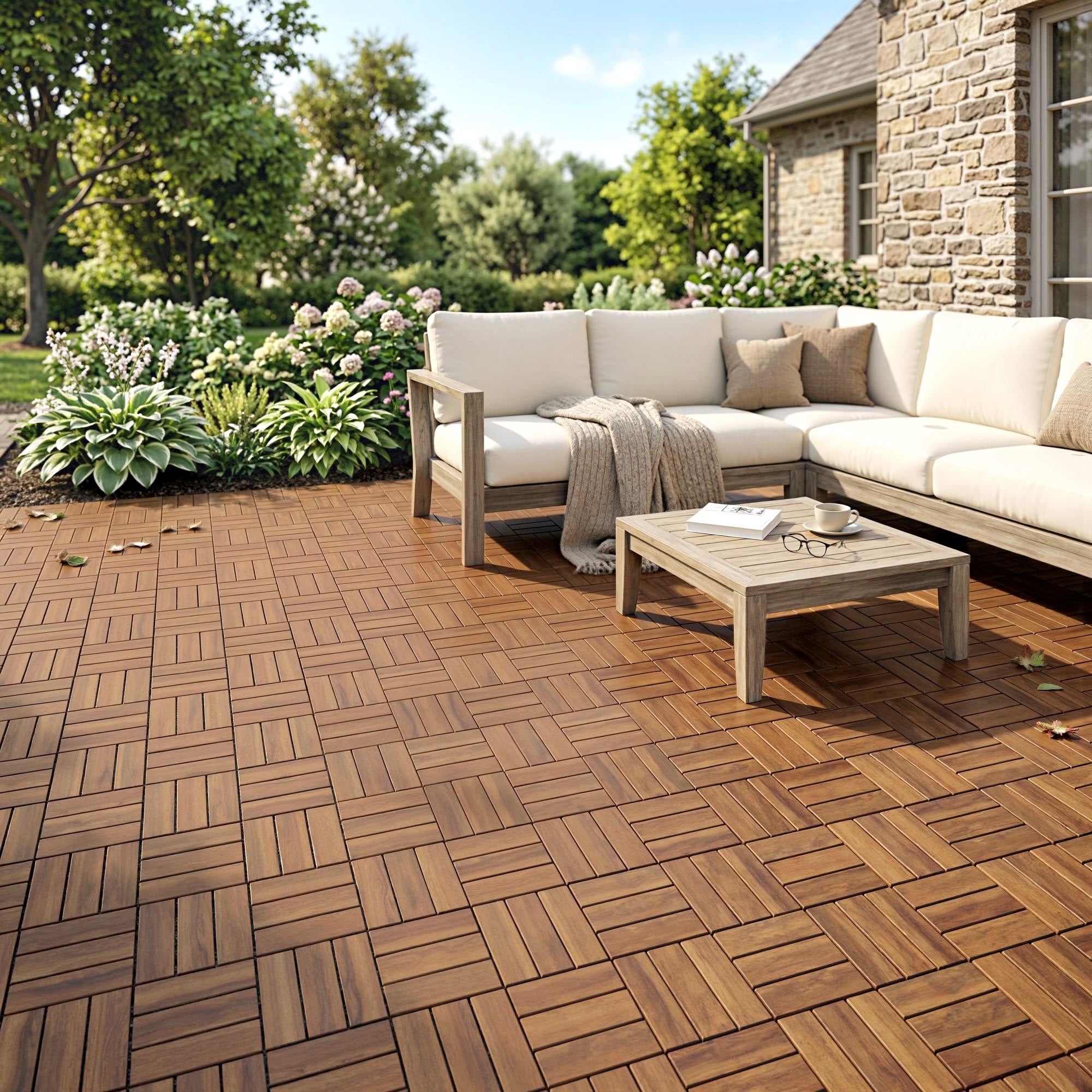 Outsunny Set de 10 Piezas Baldosas de Exterior de Madera de Acacia, 31x31 cm, 0,91 m², Suelo de Terraza Exterior, Antideslizantes y Resistentes al Clima, Fácil Instalación, para Terraza, Marrón Oscuro
