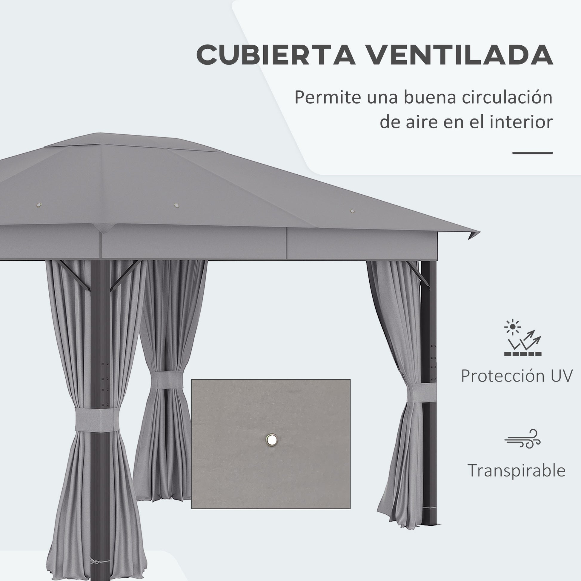 Outsunny Cenador de Jardín 4x3 m Pabellón con Techo de Ventilación 4 Cortinas Laterales con Puerta y 8 Orificio de Drenaje Gazebo de Aluminio para Exterior Patio Fiestas Gris