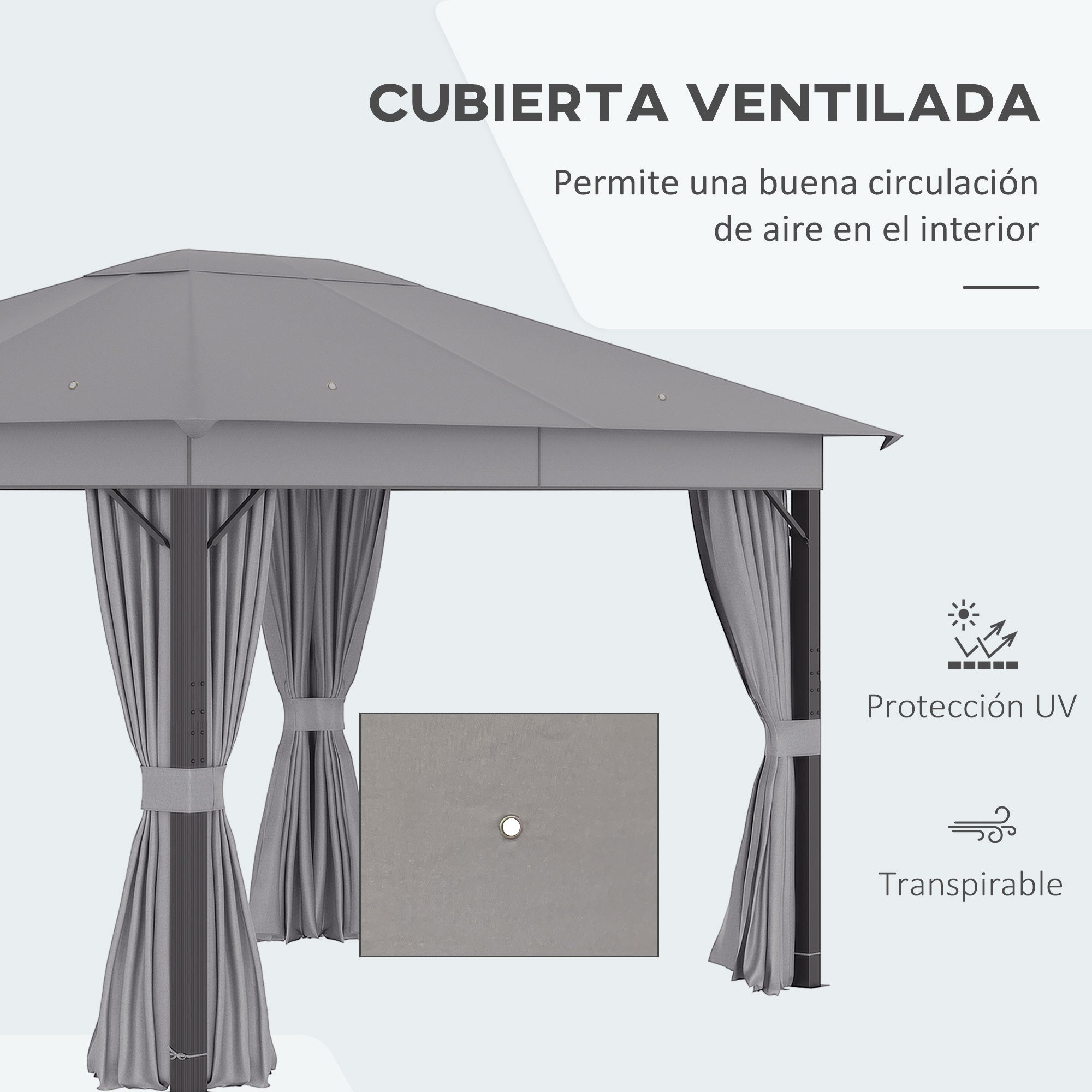 Outsunny Cenador de Jardín 4x3 m Pabellón con Techo de Ventilación 4 Cortinas Laterales con Puerta y 8 Orificio de Drenaje Gazebo de Aluminio para Exterior Patio Fiestas Gris