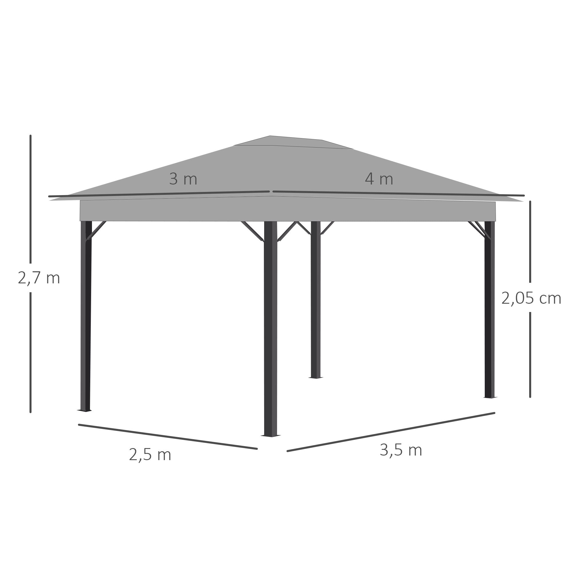 Outsunny Cenador de Jardín 4x3 m Pabellón con Techo de Ventilación 4 Cortinas Laterales con Puerta y 8 Orificio de Drenaje Gazebo de Aluminio para Exterior Patio Fiestas Gris