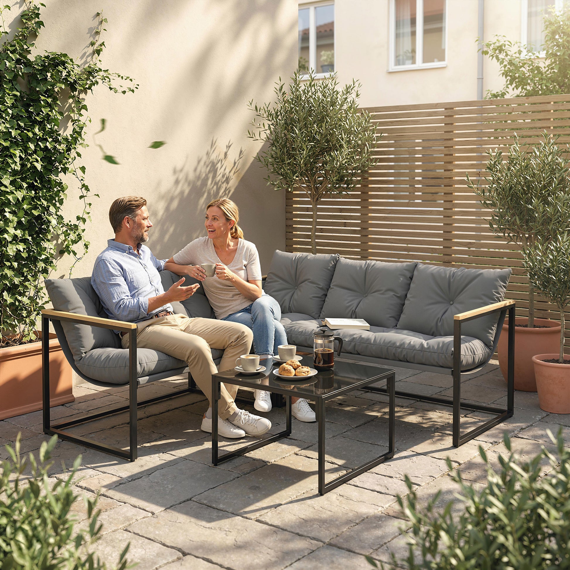 Outsunny Conjunto de Muebles Jardín Exterior de 4 Piezas, Sofá Exterior Seccional Resistente Forma de L con Cojines Gruesos, 2 Sofás de 2 Plazas, Sofá de Esquina y Mesa Centro de Vidrio Templado, Gris