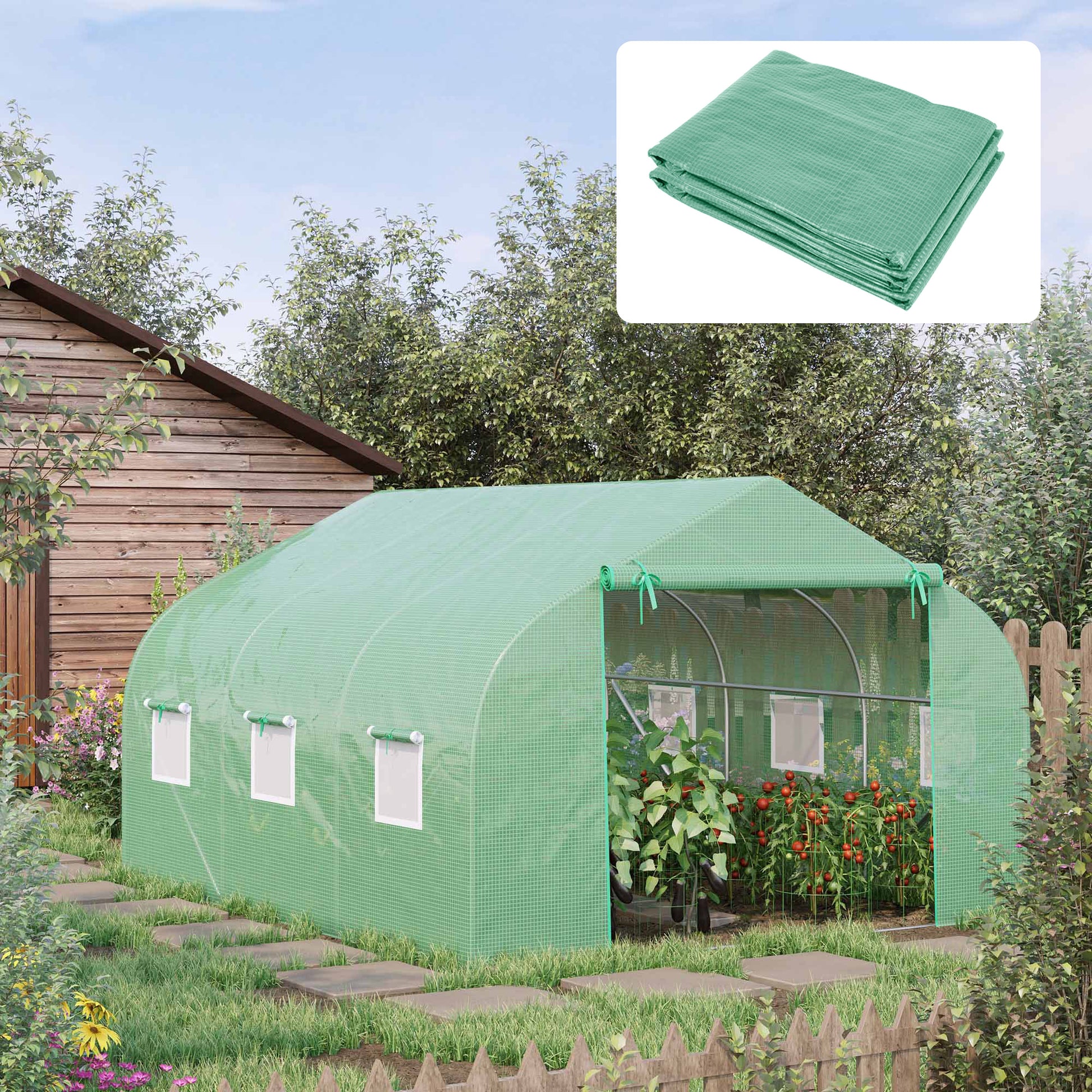 Outsunny Plásticos para Invernaderos 3,5x3x2 m Cubierta de Repuesto para Invernadero de Polietileno con 6 Ventanas y Puerta Enrollable Protección de Plantas para Jardín Verde