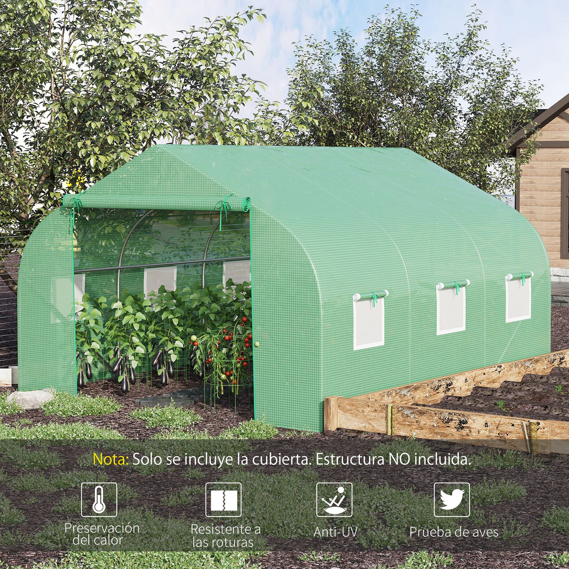 Outsunny Plásticos para Invernaderos 3,5x3x2 m Cubierta de Repuesto para Invernadero de Polietileno con 6 Ventanas y Puerta Enrollable Protección de Plantas para Jardín Verde