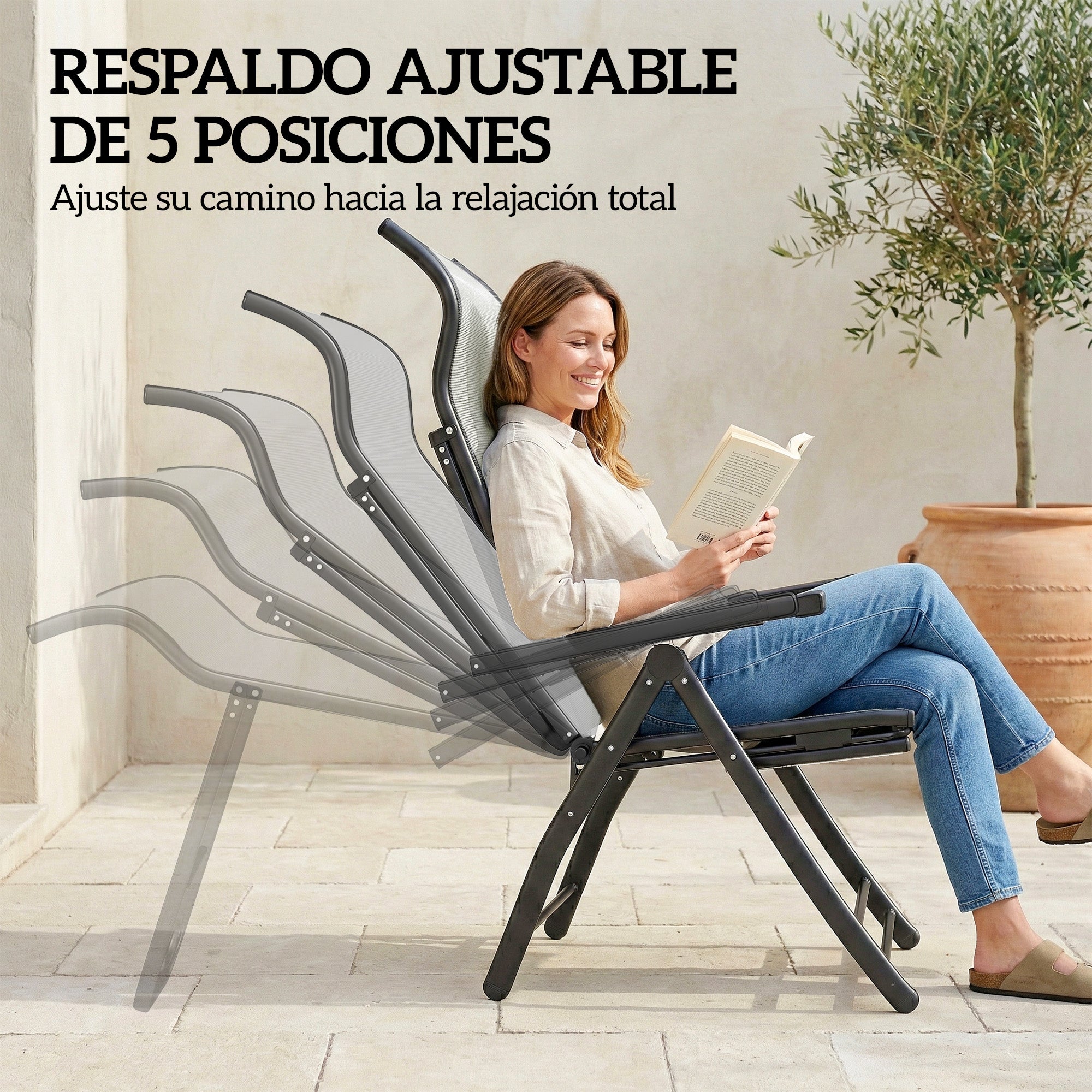 Outsunny Pack de 2 Sillas Plegables Reclinables, Sillas de Jardín Exterior con Respaldo Alto Curva Ajustable en 5 Posiciones, Reposapiés Retráctil y Marco de Metal, para Patio, Playa, Gris Claro
