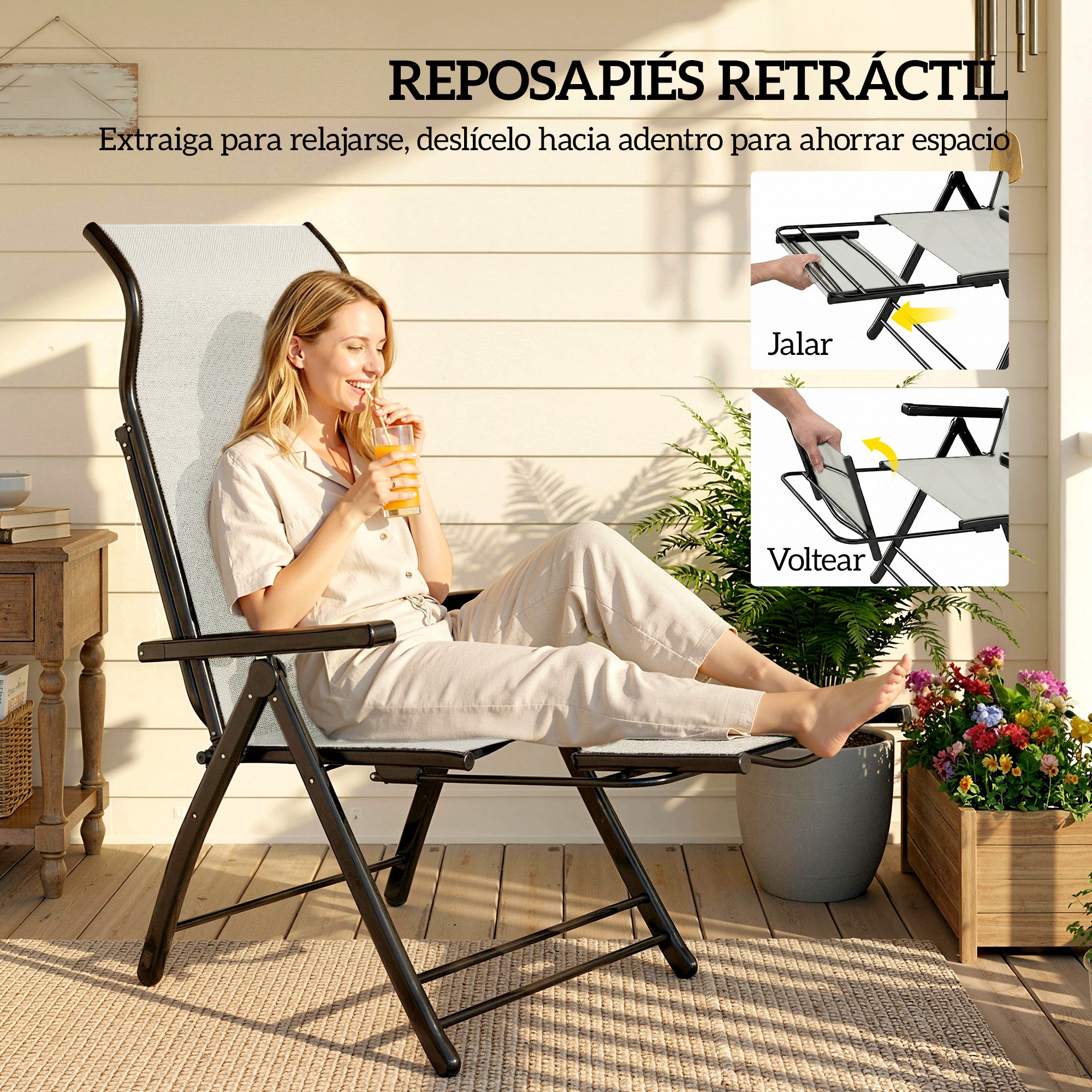 Outsunny Pack de 2 Sillas Plegables Reclinables, Sillas de Jardín Exterior con Respaldo Alto Curva Ajustable en 5 Posiciones, Reposapiés Retráctil y Marco de Metal, para Patio, Playa, Gris Claro